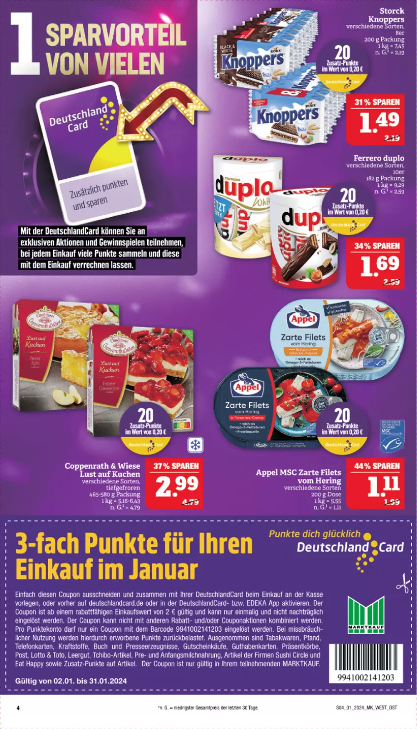 Aktueller Prospekt Marktkauf - Prospekt - von 31.12.2023 bis 06.01.2024 - strona 4 - produkty: buch, coupon, deka, deutschlandcard, duplo, eis, erde, ferrero, filet, filets, gewinnspiel, guthabenkarte, gutschein, hering, kraft, milch, reis, ring, Spiele, storck, Sushi, Tchibo, tee, telefon, Ti, ZTE