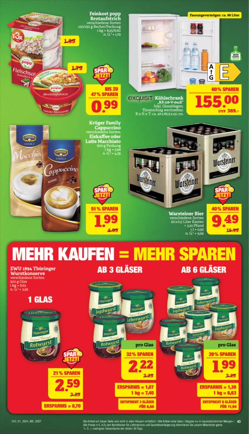 Aktueller Prospekt Marktkauf - Prospekt - von 31.12.2023 bis 06.01.2024 - strona 43 - produkty: aufstrich, Becher, bier, brot, brotaufstrich, Cap, cappuccino, cin, eis, krüger, kühlschrank, LG, lieferservice, reis, ring, Schrank, steiner, tesa, Ti, türanschlag wechselbar, warsteiner, ZTE