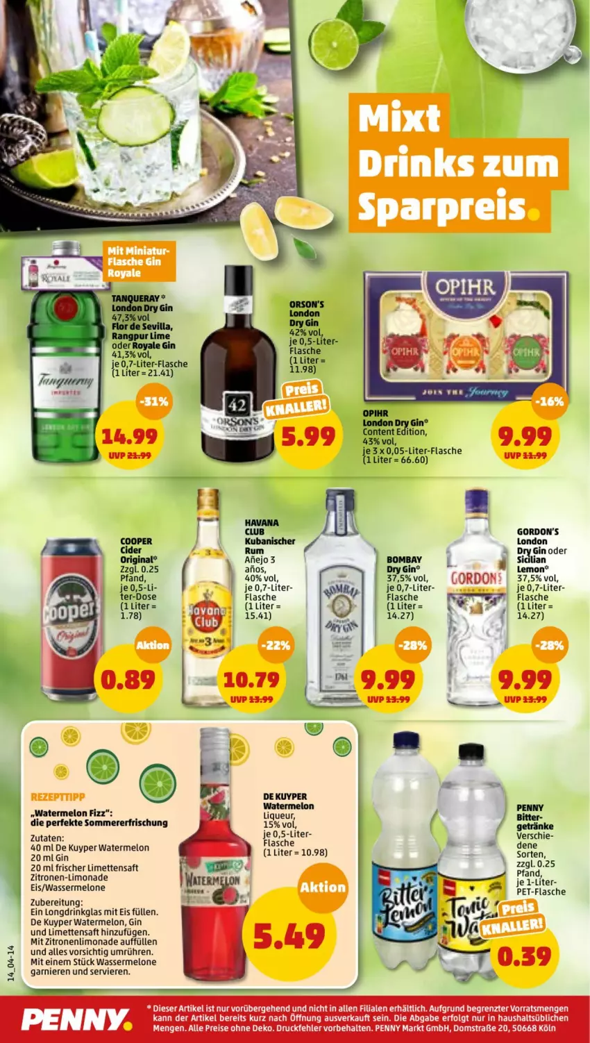 Aktueller Prospekt Penny - Prospekte - von 13.06 bis 18.06.2022 - strona 14 - produkty: cider, drink, dry gin, eis, flasche, garnier, getränk, getränke, gin, gordon, LG, limette, limetten, limo, limonade, liqueur, london dry, london dry gin, melone, Mett, metten, pet-flasche, reis, rum, saft, Ti, wasser, wassermelone, zitrone, zitronen, ZTE