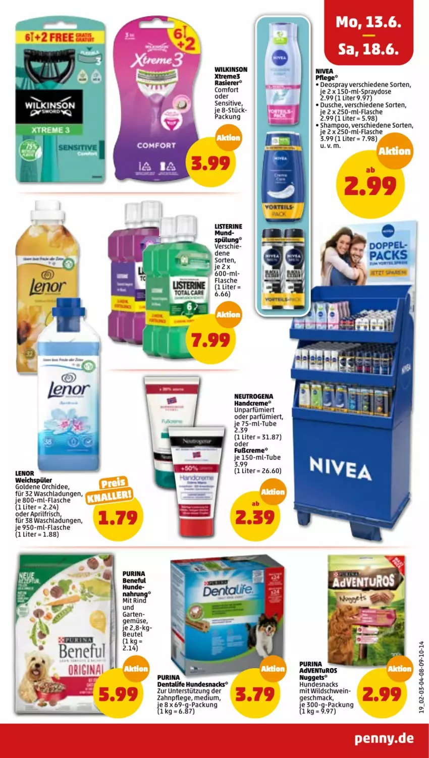 Aktueller Prospekt Penny - Prospekte - von 13.06 bis 18.06.2022 - strona 19 - produkty: adventuros, beutel, creme, deo, deospray, dusche, flasche, Garten, handcreme, hundesnack, hundesnacks, lenor, listerine, mac, neutrogena, nivea, nuggets, orchidee, pril, purina, rasierer, schwein, shampoo, snack, snacks, spülung, Ti, weichspüler, wein, Wild, Wildschwein, wilkinson