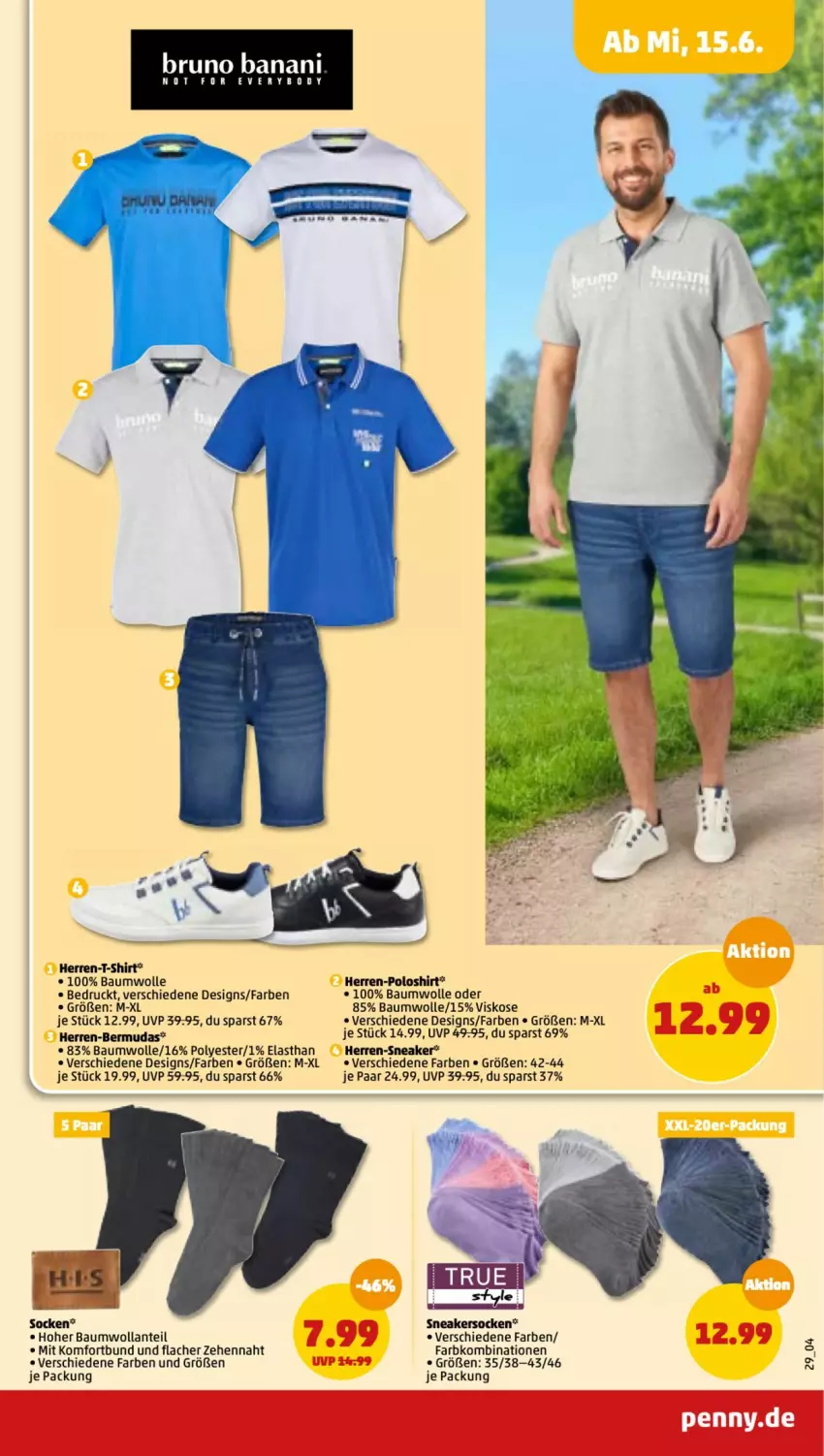 Aktueller Prospekt Penny - Prospekte - von 13.06 bis 18.06.2022 - strona 29 - produkty: Bau, baumwolle, bermuda, bermudas, herren-bermuda, herren-polo, herren-sneaker, herren-t-shirt, poloshirt, shirt, sneaker, sneakersocken, socken, T-Shirt, Ti, wolle