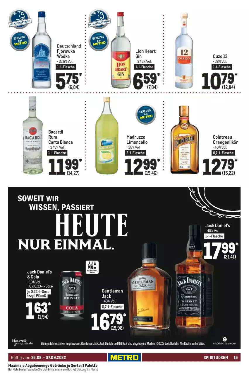 Aktueller Prospekt Metro - GastroJournal - von 25.08 bis 07.09.2022 - strona 15 - produkty: bacardi, bacardi rum, cola, flasche, getränk, getränke, gin, Heu, jack daniel, likör, limo, lion, orange, orangen, ouzo, ouzo 12, Palette, rum, spirituosen, Ti, wodka