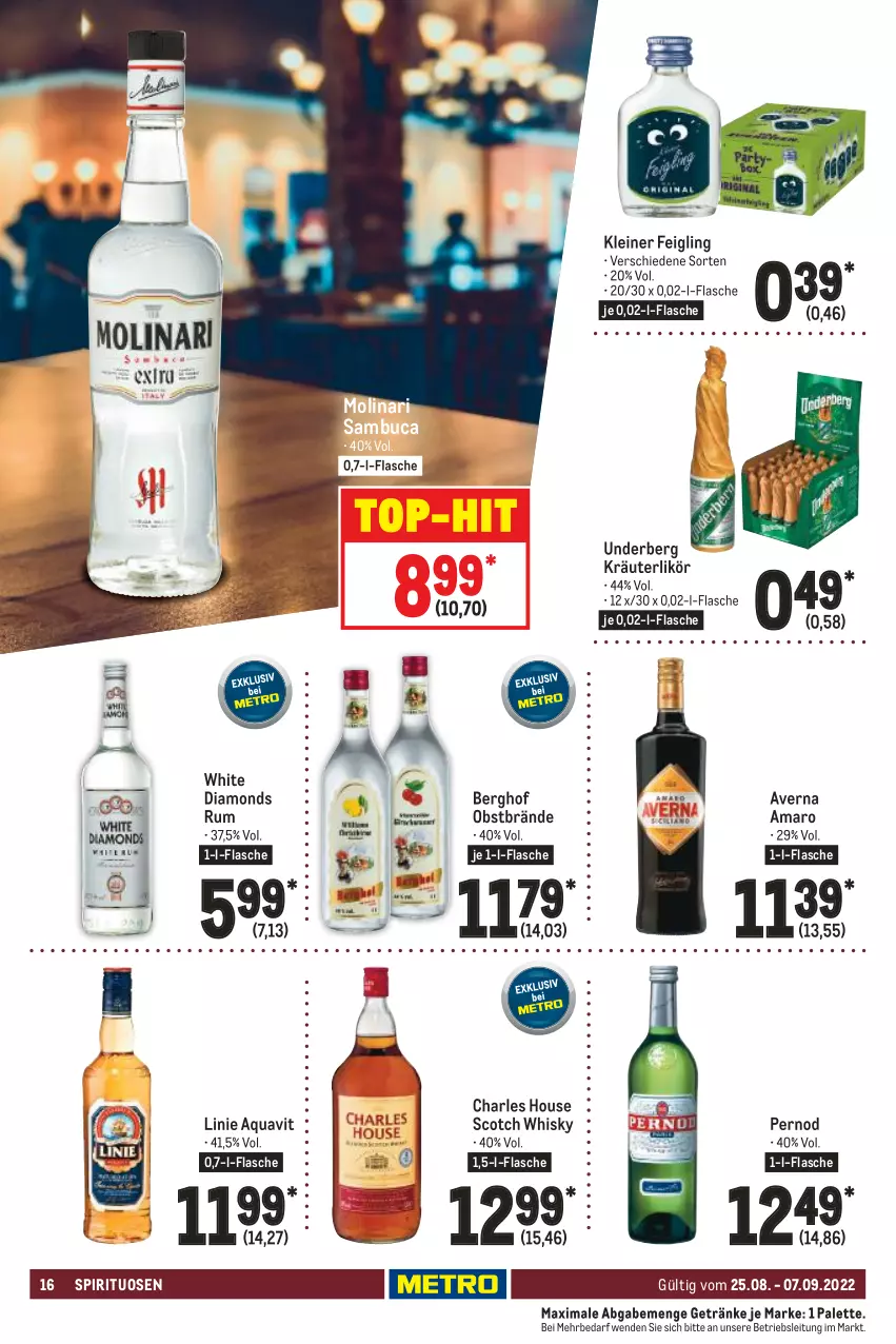 Aktueller Prospekt Metro - GastroJournal - von 25.08 bis 07.09.2022 - strona 16 - produkty: amaro, aqua, aquavit, averna, flasche, getränk, getränke, kleiner feigling, kräuter, kräuterlikör, leine, likör, Molinari, obst, Palette, rum, sambuca, scotch, scotch whisky, spirituosen, Ti, top-hit, underberg, whisky