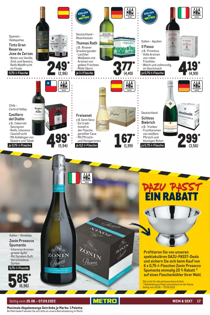 Aktueller Prospekt Metro - GastroJournal - von 25.08 bis 07.09.2022 - strona 17 - produkty: auto, burgunder, cabernet, cabernet sauvignon, cassis, Cava, ecco, flasche, freixenet, frucht, früchte, früchten, getränk, getränke, gewürz, grauburgunder, honig, LG, mac, Palette, passo, pfirsich, primitivo, prosecco, puma, Rivaner, sauvignon, sekt, spumante, Ti, Tiere, tisch, vanille, wein, Weißwein, zonin