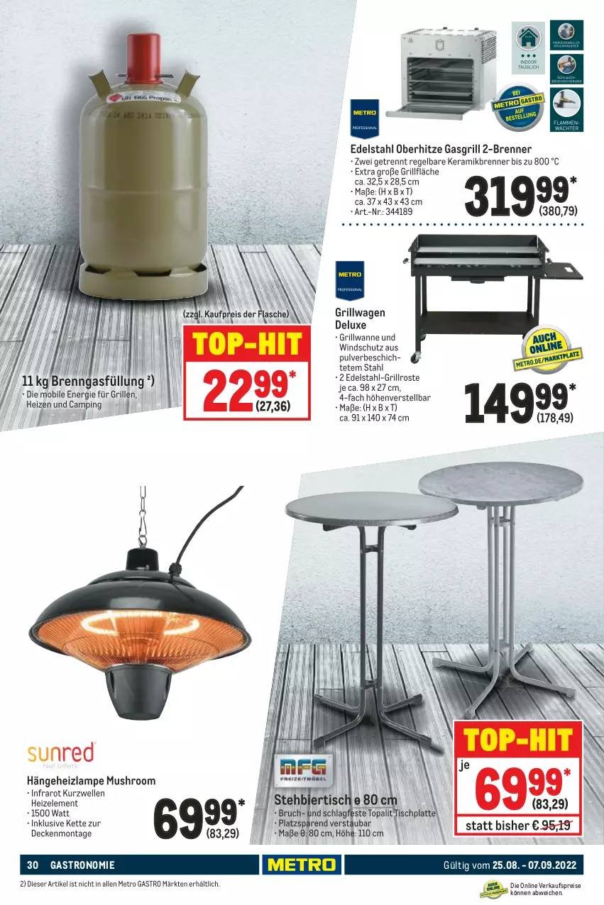 Aktueller Prospekt Metro - GastroJournal - von 25.08 bis 07.09.2022 - strona 30 - produkty: bier, decke, edelstahl, eis, elle, flasche, gasgrill, grill, grillfläche, grillrost, HP, Kette, Lampe, latte, Metro, metro gastro, reis, Ti, tisch, tischplatte, top-hit, Wanne, Windschutz