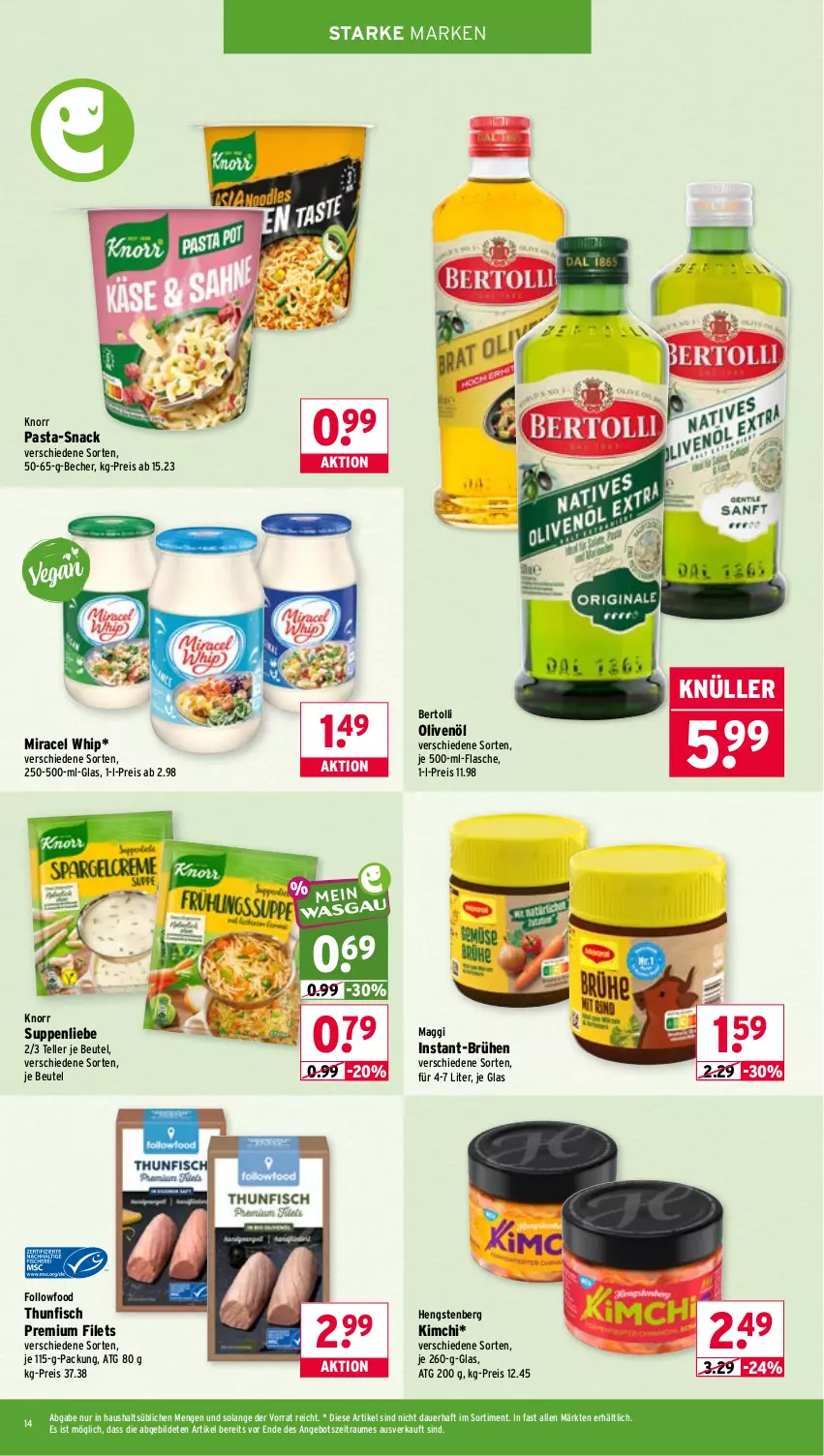 Aktueller Prospekt Wasgau - von 26.05 bis 30.05.2026 - strona 14 - produkty: angebot, auer, Becher, bertolli, beutel, Brühe, eis, elle, filet, filets, fisch, flasche, hengstenberg, je 500-ml-flasche, knorr, knorr pasta, maggi, miracel, miracel whip, olive, oliven, olivenöl, pasta, reis, snack, suppe, suppen, suppenliebe, teller, thunfisch, Ti