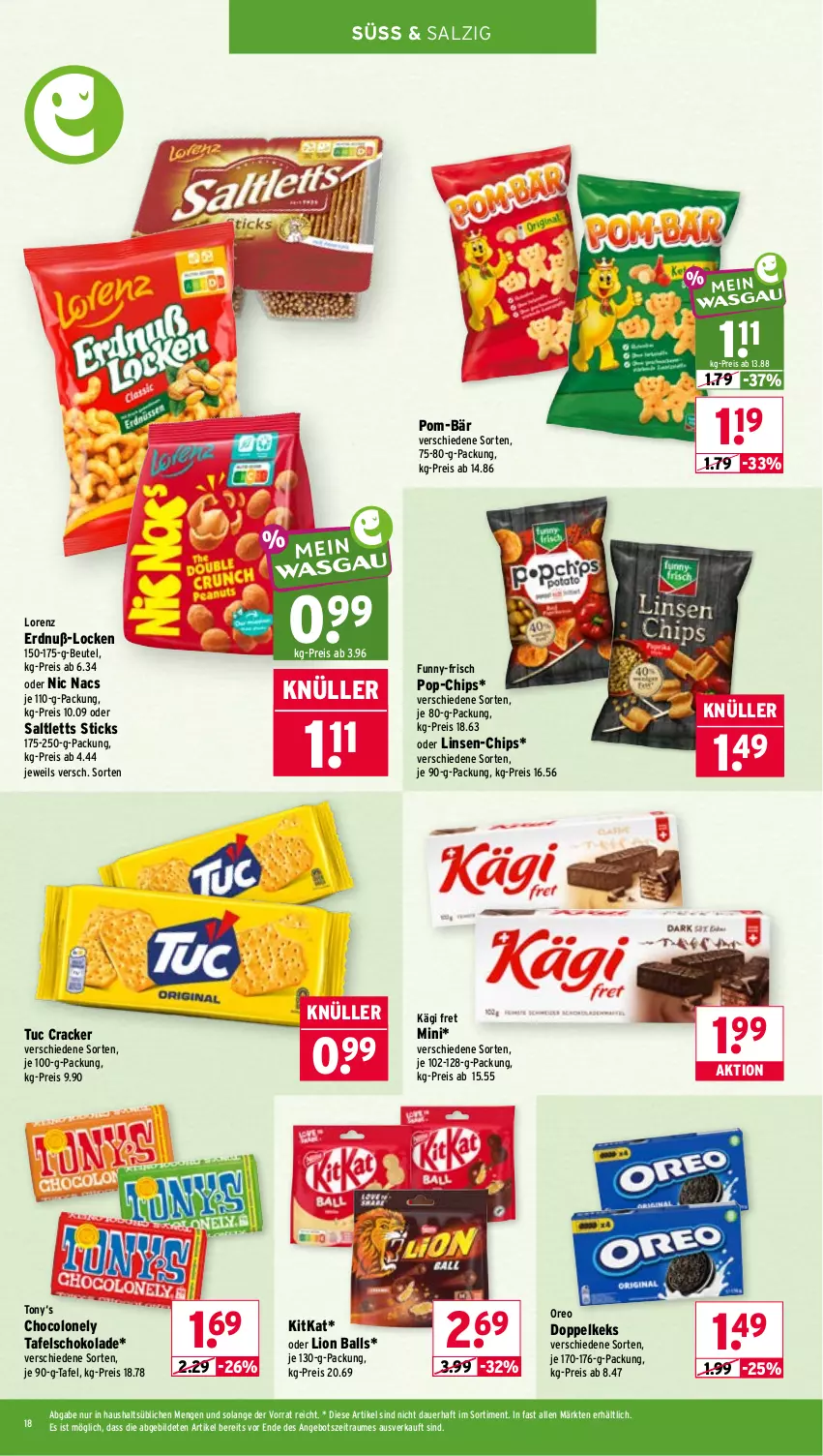 Aktueller Prospekt Wasgau - von 26.05 bis 30.05.2026 - strona 18 - produkty: angebot, auer, ball, beutel, chips, cracker, eis, funny-frisch, Kägi, keks, kitkat, linsen, lion, lorenz, oreo, pom-bär, reis, saltletts, salz, schoko, schokolade, tafelschokolade, Ti, tuc