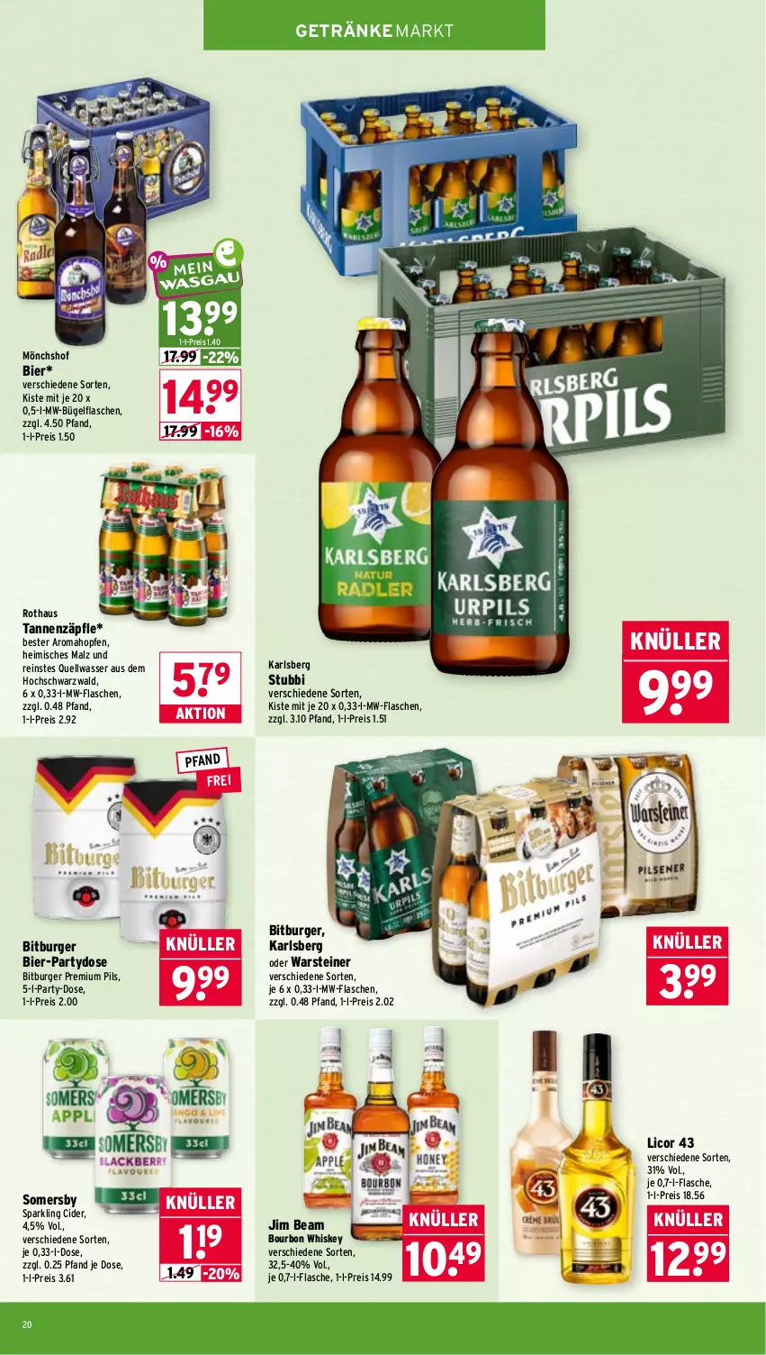 Aktueller Prospekt Wasgau - von 26.05 bis 30.05.2026 - strona 20 - produkty: bier, bitburger, bourbon, bourbon whiskey, bügel, bügelflasche, burger, cider, eis, flasche, getränk, getränke, jim beam, karlsberg, licor, licor 43, malz, mönchshof, mw-flasche, pils, premium pils, reis, somersby, steiner, Ti, warsteiner, wasser, whiskey