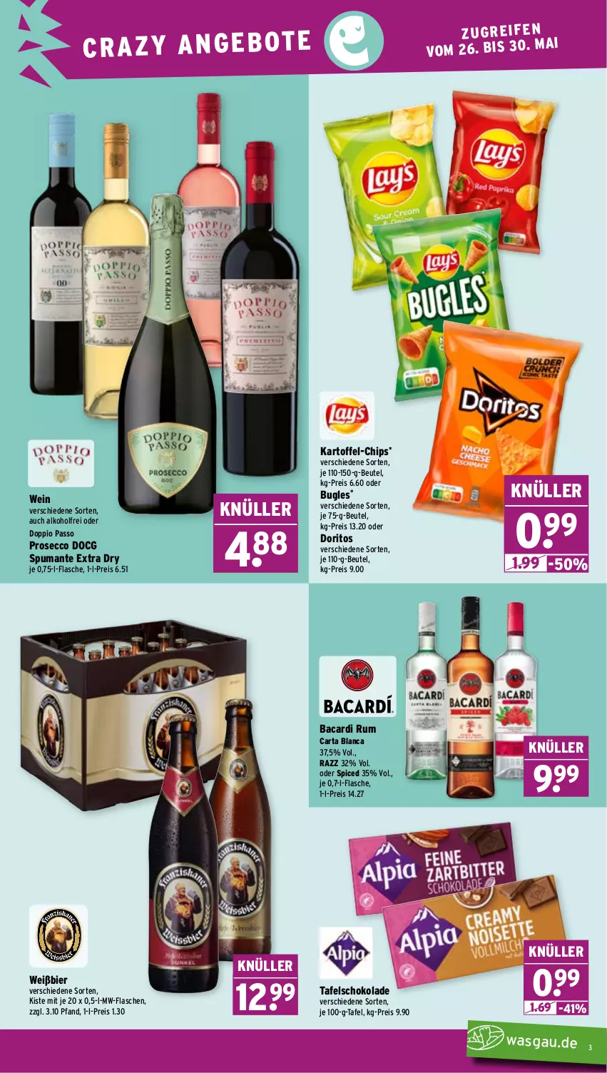 Aktueller Prospekt Wasgau - von 26.05 bis 30.05.2026 - strona 3 - produkty: alkohol, bacardi, bacardi rum, beutel, bier, bugles, chips, doppio passo, Doritos, ecco, eis, flasche, kartoffel, mw-flasche, passo, prosecco, puma, reis, rum, schoko, schokolade, spumante, tafelschokolade, wein
