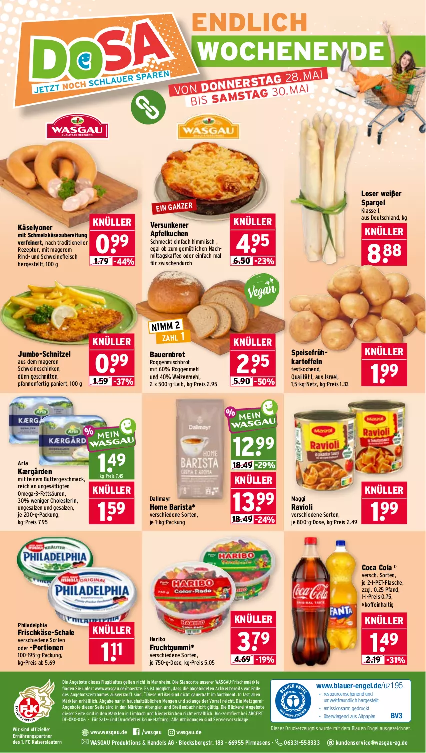 Aktueller Prospekt Wasgau - von 26.05 bis 30.05.2026 - strona 30 - produkty: angebot, angebote, apfel, Apfelkuchen, arla, auer, Bau, Bauer, bio, Brei, brot, butter, cola, dallmayr, drucker, eis, elle, Engel, flasche, fleisch, frischkäse, frucht, fruchtgummi, Frühkartoffeln, haribo, jumbo, Kærgården, kaffee, Kaiser, kartoffel, kartoffeln, Käse, kerze, kuchen, latte, lyoner, mac, maggi, mehl, Nimm 2, omega, Omega-3, papier, pet-flasche, pfanne, pfannen, philadelphia, ravioli, reis, rezept, rind, salz, Schal, Schale, schinken, Schmelzkäse, schmelzkäsezubereitung, schnitten, schnitzel, schwein, schweine, schweinefleisch, spargel, speisefrühkartoffeln, Ti, wein, weine, weizenmehl, Yo