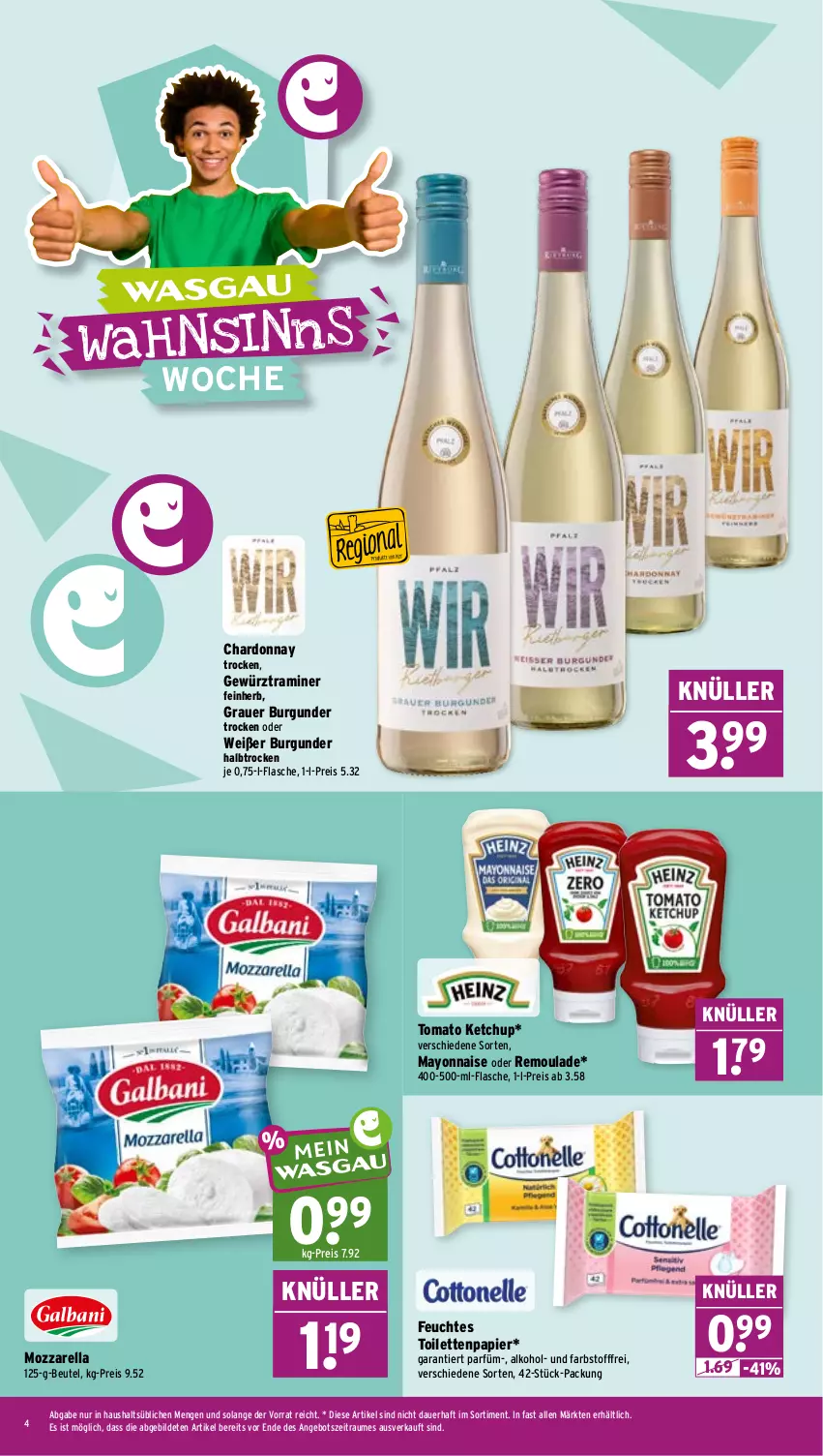 Aktueller Prospekt Wasgau - von 26.05 bis 30.05.2026 - strona 4 - produkty: alkohol, angebot, auer, beutel, burgunder, chardonnay, eis, feuchtes toilettenpapier, flasche, gewürz, grauer burgunder, ketchup, mayonnaise, mozzarella, papier, reis, rel, remoulade, Ti, toilettenpapier, tomato ketchup, Yo