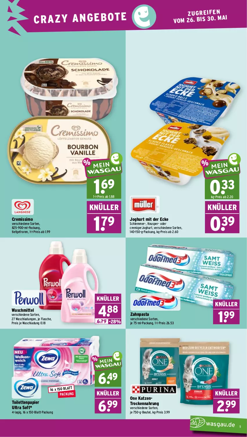 Aktueller Prospekt Wasgau - von 26.05 bis 30.05.2026 - strona 5 - produkty: beutel, cremissimo, eis, flasche, joghur, joghurt, joghurt mit der ecke, papier, pasta, reis, sim, Ti, toilettenpapier, Trockennahrung, waschmittel, zahnpasta