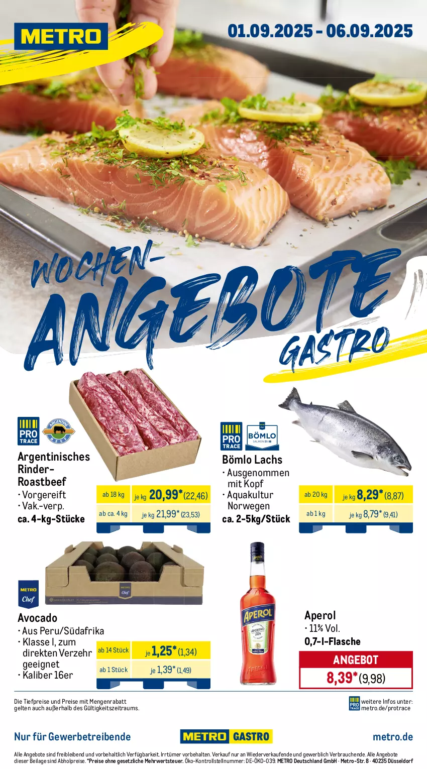 Aktueller Prospekt Metro - Wochen-Angebote Gastro - von 01.08 bis 06.09.2025 - strona 1 - produkty: abholpreise, angebot, angebote, aperol, aqua, avocado, beef, eis, flasche, ilag, lachs, Metro, Rauch, reis, rind, rinder, roastbeef, rwe, Ti, tiefpreis