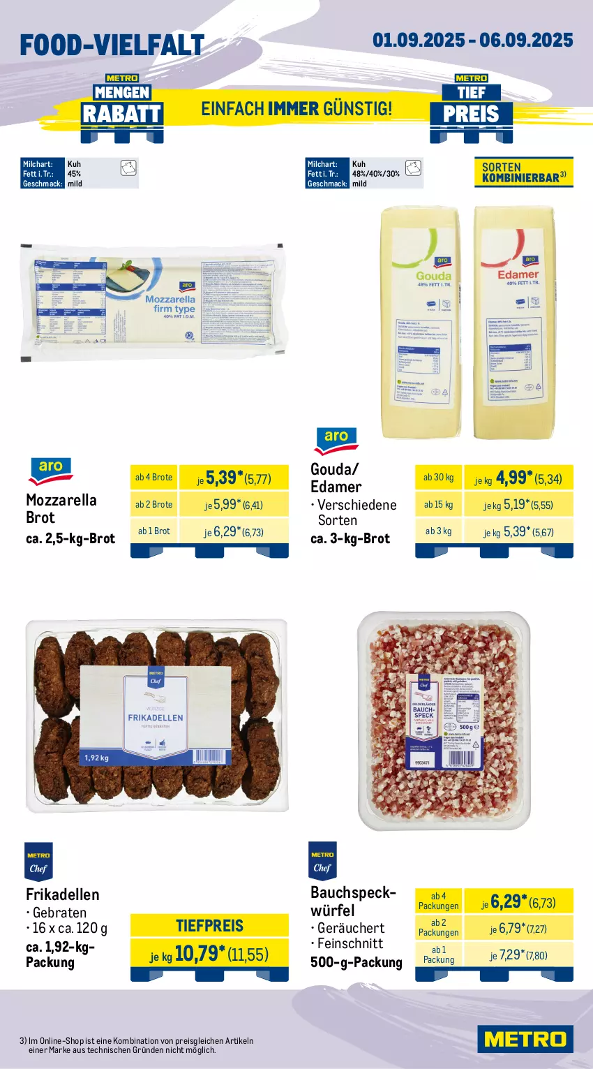 Aktueller Prospekt Metro - Wochen-Angebote Gastro - von 01.08 bis 06.09.2025 - strona 10 - produkty: angebot, Bau, beutel, braten, brot, dell, edamer, eier, eis, elle, frikadellen, gouda, mac, magnum, milch, mozzarella, nudel, nudeln, pfanne, pfannen, reis, rel, Speck, steak, Ti, tiefpreis, würfel