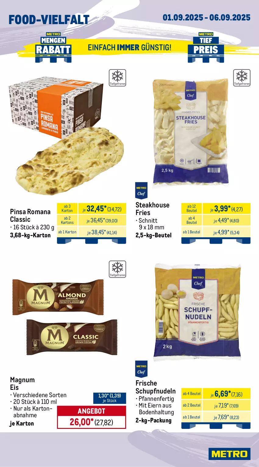 Aktueller Prospekt Metro - Wochen-Angebote Gastro - von 01.08 bis 06.09.2025 - strona 11 - produkty: angebot, Bau, beutel, braten, brot, dell, edamer, eier, eis, elle, frikadellen, gouda, mac, magnum, milch, mozzarella, nudel, nudeln, pfanne, pfannen, reis, rel, Speck, steak, Ti, tiefpreis, würfel
