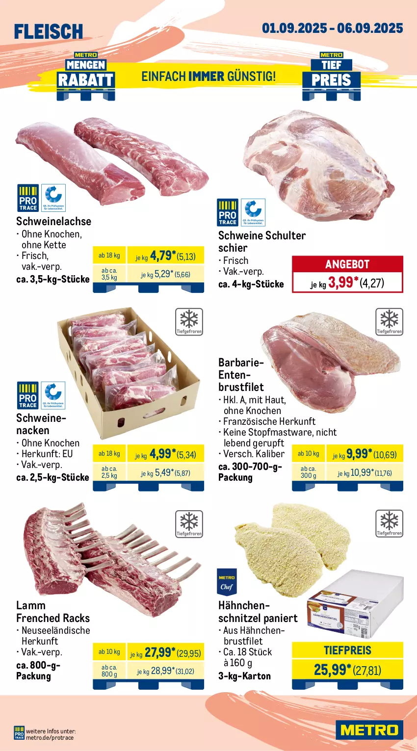 Aktueller Prospekt Metro - Wochen-Angebote Gastro - von 01.08 bis 06.09.2025 - strona 3 - produkty: angebot, beef, braten, brustfilet, decke, Deckel, eis, ente, Entenbrust, filet, fleisch, hähnchenbrust, hähnchenbrustfilet, Hähnchenschnitzel, Kette, lachs, lamm, Metro, pute, putenschnitzel, reis, rind, rinder, rinderbraten, rinderfilet, roastbeef, Schal, Schale, schnitzel, schwein, schweine, Schweinelachs, schweinenacken, Ti, tiefpreis, topf, wein, weine