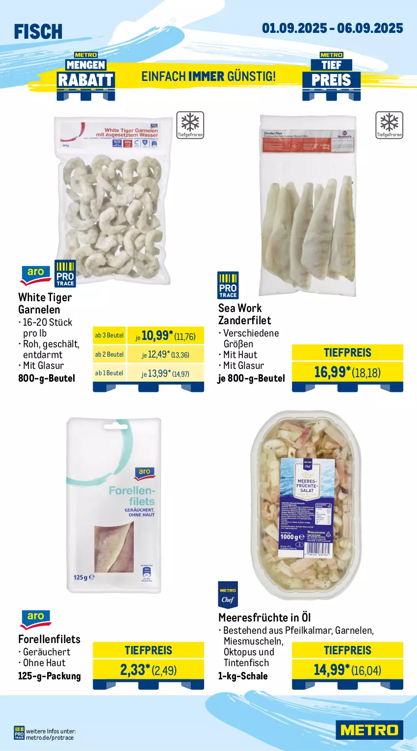 Aktueller Prospekt Metro - Wochen-Angebote Gastro - von 01.08 bis 06.09.2025 - strona 6 - produkty: avocado, beutel, eis, elle, filet, filets, fisch, forelle, früchte, garnelen, meeresfrüchte, Metro, Muscheln, obst, orange, orangen, pommes, Pommes Frites, reis, rel, sac, saft, Saftorangen, Schal, Schale, Ti, tiefpreis, Zander, zitrone, zitronen
