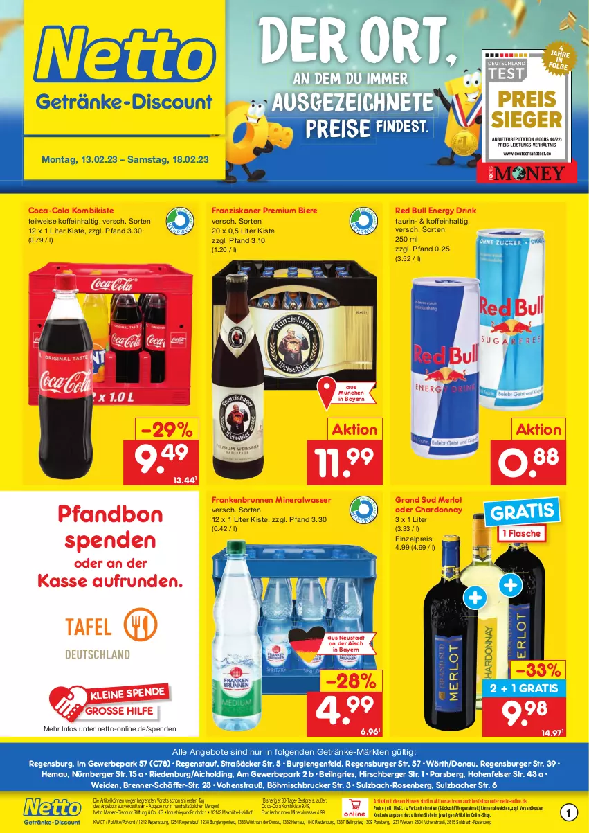 Aktueller Prospekt Netto Marken-Discount - Getränkemarkt in deiner Nähe - von 15.03.2021 bis 18.02.2023 - strona 1 - produkty: Alwa, angebot, angebote, Berger, bestpreis, bier, Biere, brunnen, burger, chardonnay, coca-cola, cola, discount, drink, eis, energy drink, flasche, franziskaner, getränk, getränke, grand sud, Holz, leine, LG, marken-discount, merl, merlot, mineralwasser, ndk, nürnberger, red bull, regensburger, reis, rosen, Ti, wasser, ZTE