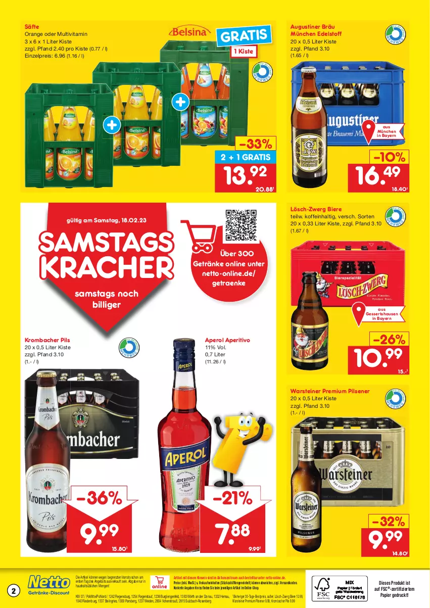 Aktueller Prospekt Netto Marken-Discount - Getränkemarkt in deiner Nähe - von 15.03.2021 bis 18.02.2023 - strona 2 - produkty: angebot, aperol, bestpreis, bier, Biere, eis, getränk, getränke, kracher, krombache, krombacher, krombacher pils, ndk, orange, papier, pils, pilsener, premium pils, reis, rosen, säfte, steiner, Ti, vita, warsteiner, ZTE