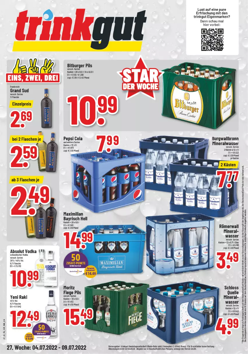 Aktueller Prospekt Trinkgut - von 04.07 bis 09.07.2022 - strona 1 - produkty: Absolut Vodka, Alwa, angebot, angebotspreis, bitburger, bitburger pils, burger, burgwallbronn, cola, deutschlandcard, eis, elle, erde, flasche, grand sud, LG, mineralwasser, pepsi, Pepsi Cola, pils, reis, Ti, vodka, wasser, yeni raki