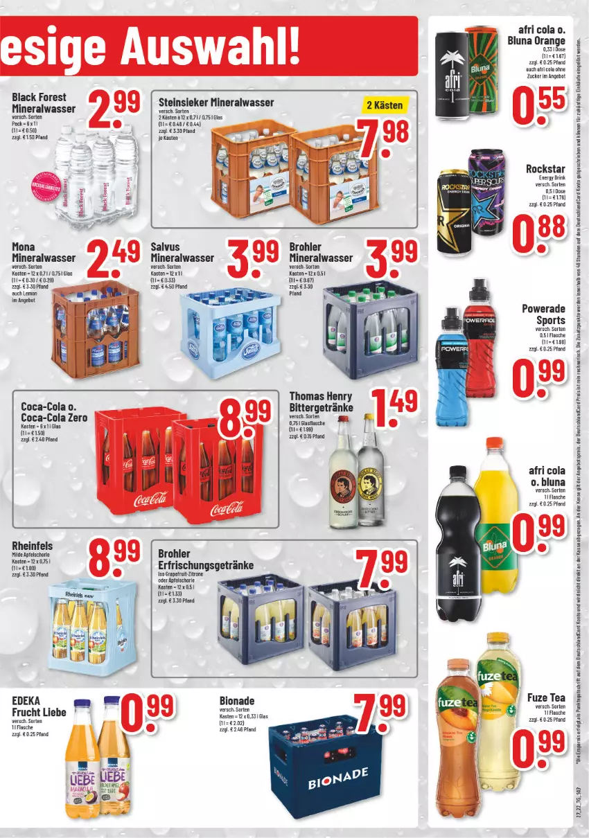 Aktueller Prospekt Trinkgut - von 04.07 bis 09.07.2022 - strona 3 - produkty: Afri Cola, Alwa, angebot, angebotspreis, apfel, Apfelschorle, bio, bionade, black forest, coca-cola, cola, deka, deutschlandcard, drink, eis, energy drink, erde, erfrischungsgetränk, erfrischungsgetränke, flasche, frucht, fuze tea, getränk, getränke, grapefruit, lack, LG, mineralwasser, orange, reis, Rockstar, schorle, Sport, Steinsieker, thomas henry, Ti, wasser, zitrone, zucker