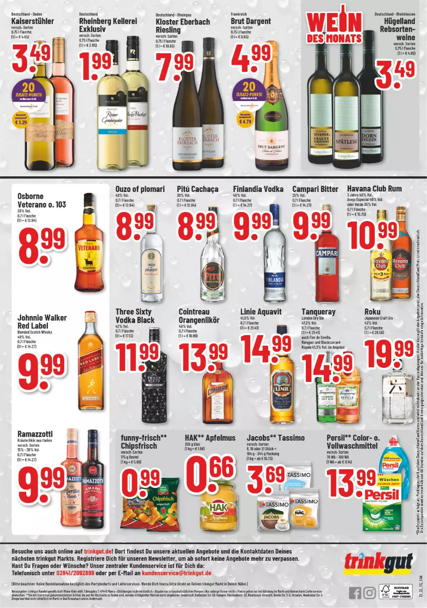 Aktueller Prospekt Trinkgut - von 04.07 bis 09.07.2022 - strona 4 - produkty: angebot, angebote, angebotspreis, apfel, apfelmus, aqua, aquavit, Bad, Bau, beutel, blended scotch, blended scotch whisky, Brei, brut, brut dargent, Cachaca, campari, chips, chipsfrisch, Currant, deka, deutschlandcard, dry gin, eimer, eis, elle, erde, flasche, funny-frisch, gin, Havana Club, jacobs, johnnie walker, Kaiser, Kloster Eberbach, kräuter, kräuterlikör, lack, LG, lieferservice, likör, london dry, london dry gin, orange, orangen, osborne, ouzo, persil, rama, ramazzott, ramazzotti, reis, riesling, rum, scotch, scotch whisky, sim, Stühl, Tanqueray, tassimo, telefon, Three Sixty, Ti, uhr, veterano, vodka, vollwaschmittel, waschmittel, wein, weine, whisky, zott