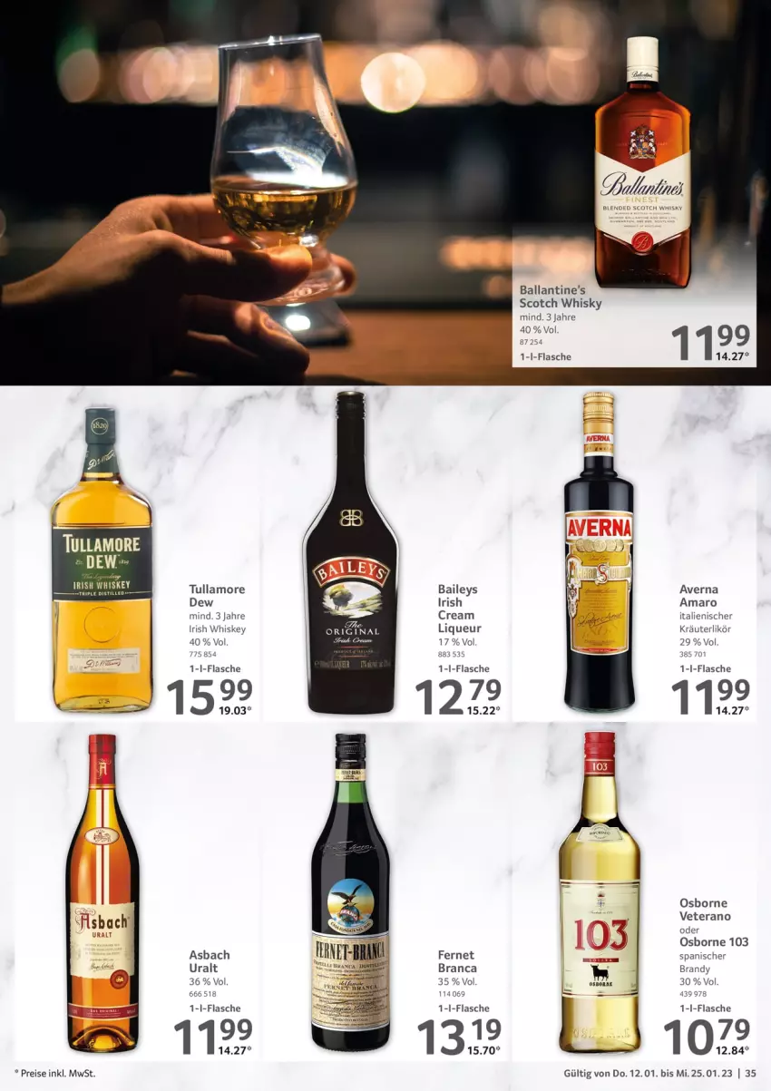 Aktueller Prospekt Selgros - Gastro - von 12.01 bis 25.01.2023 - strona 35 - produkty: amaro, asbach uralt, averna, baileys, ball, blended scotch, blended scotch whisky, eis, Fernet, flasche, irish whiskey, kräuter, kräuterlikör, likör, liqueur, osborne, reis, scotch, scotch whisky, Ti, tullamore, tullamore dew, veterano, whiskey, whisky