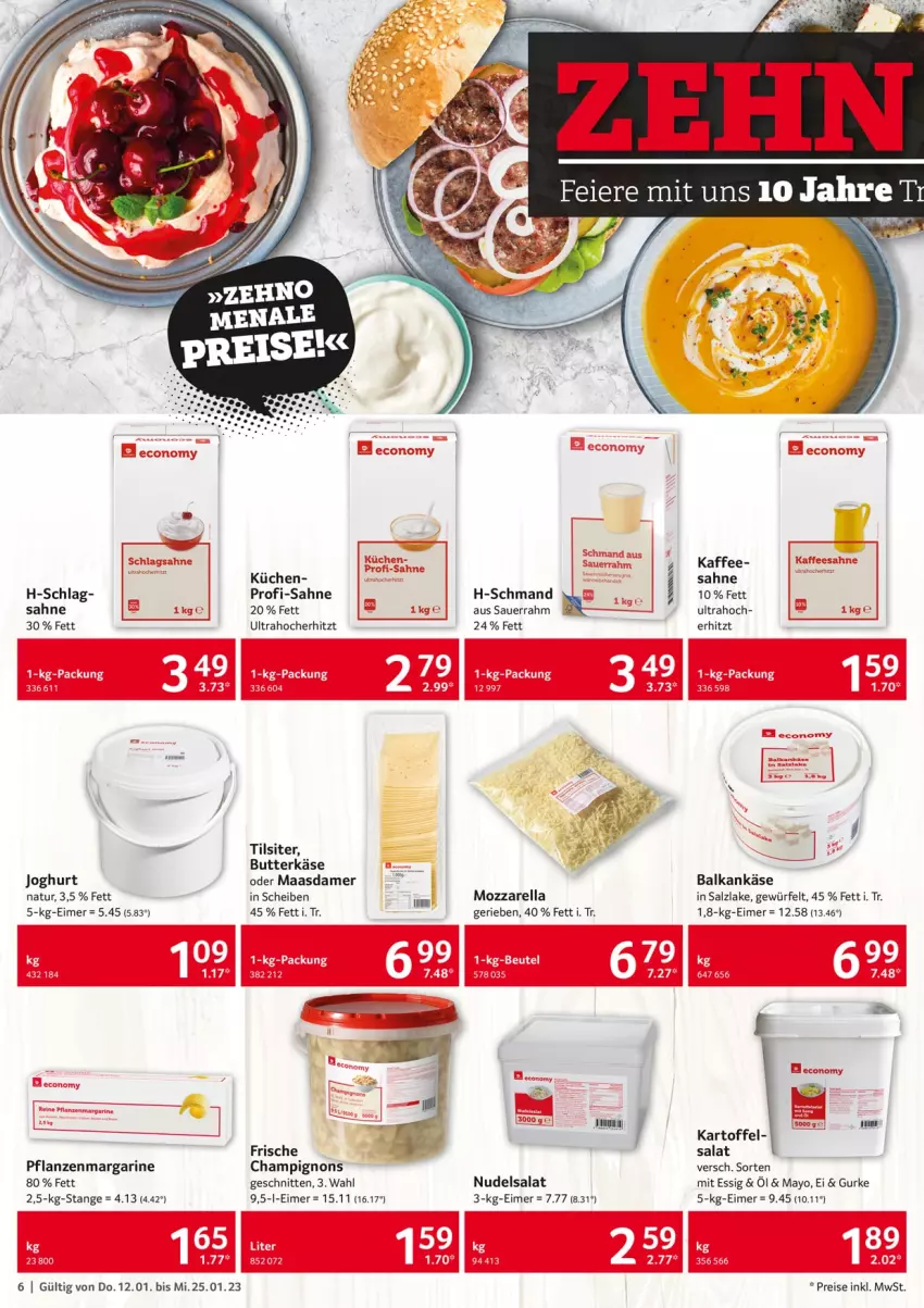 Aktueller Prospekt Selgros - Gastro - von 12.01 bis 25.01.2023 - strona 6 - produkty: auer, butter, butterkäse, champignon, champignons, eimer, eis, essig, gurke, joghur, joghurt, kaffee, kartoffel, Käse, küche, Küchen, Maasdam, maasdamer, margarine, mozzarella, natur, nudel, nudelsalat, pflanze, pflanzen, reis, rel, sahne, salat, salz, Sauerrahm, schmand, schnitten, Ti, Tilsiter, würfel, Yo