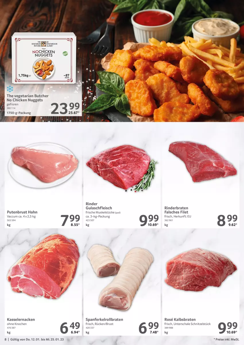 Aktueller Prospekt Selgros - Gastro - von 12.01 bis 25.01.2023 - strona 8 - produkty: ACC, braten, chicken nuggets, eis, Falsches Filet, filet, fleisch, gulasch, kasseler, nuggets, pute, putenbrust, reis, Ria, rind, rinder, rinderbraten, rollbraten, Schal, Schale, schnitzel, The Vegetarian Butcher, Ti, Vegeta