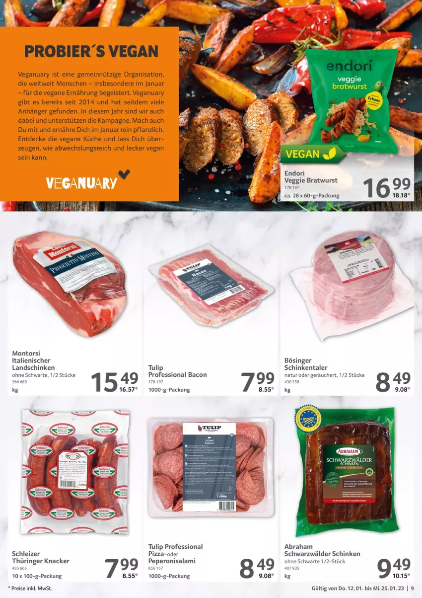 Aktueller Prospekt Selgros - Gastro - von 12.01 bis 25.01.2023 - strona 9 - produkty: Anhänger, bacon, bier, bratwurst, decke, eis, gefu, knacker, küche, landschinken, mac, montorsi, natur, peperoni, Peroni, pizza, reis, ring, salami, schinken, schwarzwälder schinken, tee, Ti, tulip, veggie, wurst