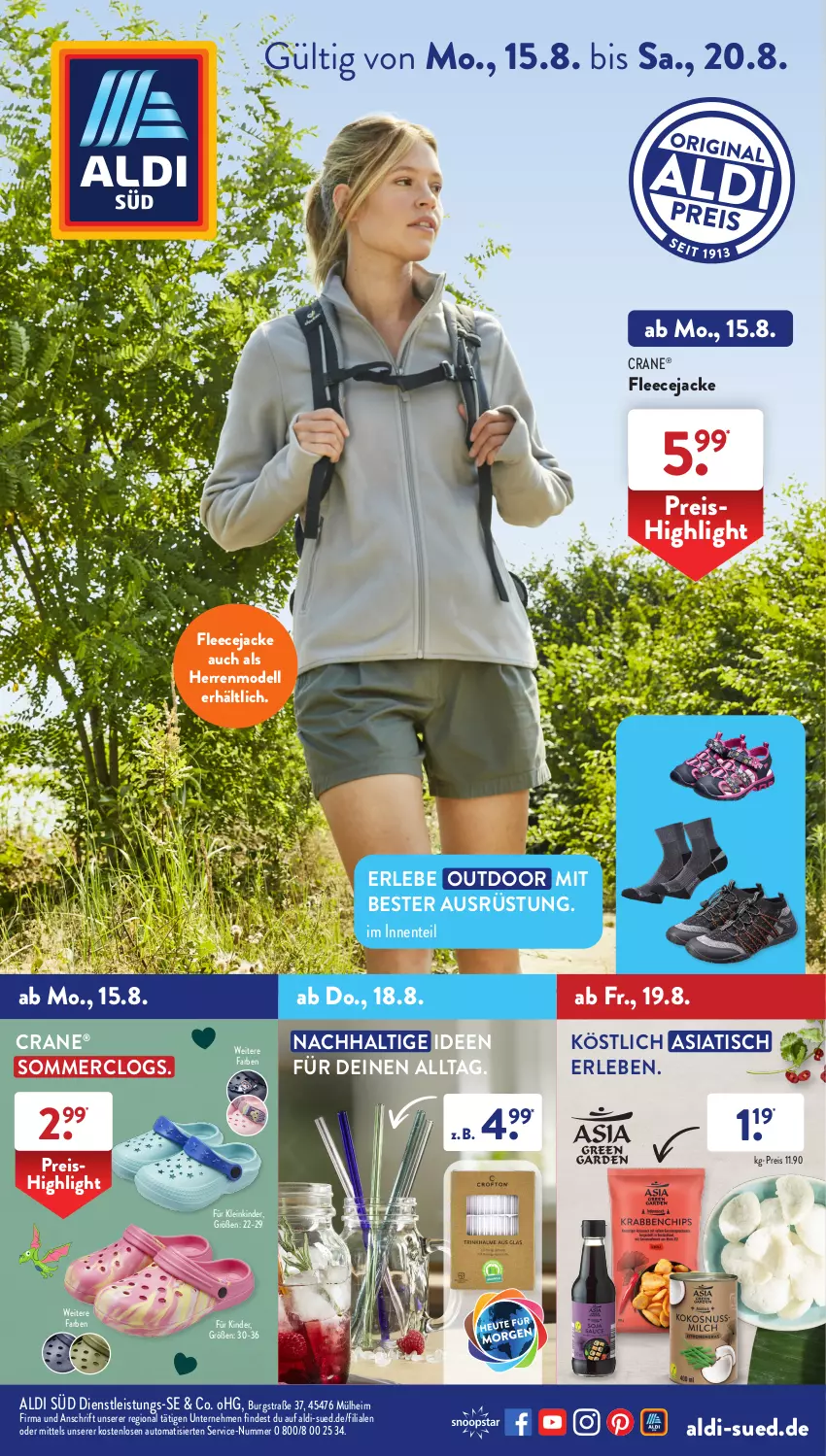 Aktueller Prospekt AldiSud - NÄCHSTE WOCHE - von 15.08 bis 20.08.2022 - strona 1 - produkty: aldi, auto, Clogs, dell, eis, ente, Fleecejacke, Jacke, Kinder, Mode, reis, Ti, tisch