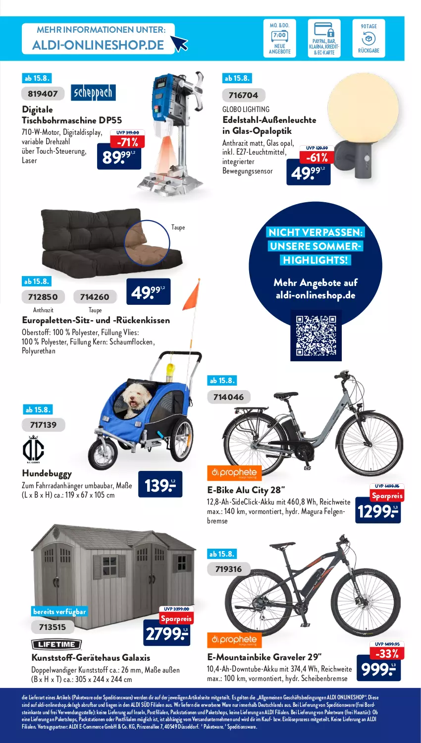 Aktueller Prospekt AldiSud - NÄCHSTE WOCHE - von 15.08 bis 20.08.2022 - strona 19 - produkty: akku, aldi, angebot, angebote, Anhänger, aust, Bau, Bewegungssensor, Buggy, E-Bike, edelstahl, eis, elle, erde, Fahrrad, felgen, kissen, Leuchte, leuchtmittel, LG, Liege, Mountainbike, Palette, reis, Ria, Rückenkissen, rwe, Ti, tisch, Tischbohrmaschine