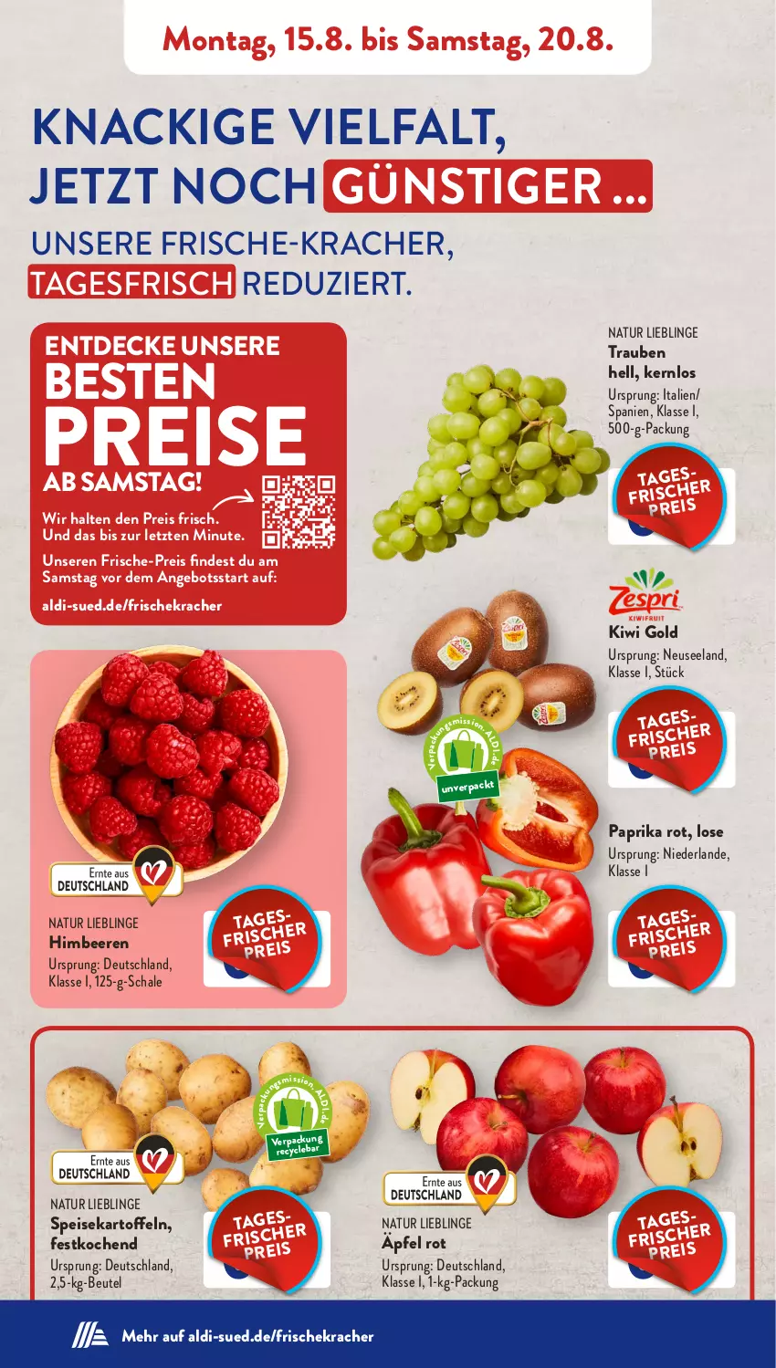 Aktueller Prospekt AldiSud - NÄCHSTE WOCHE - von 15.08 bis 20.08.2022 - strona 2 - produkty: aldi, angebot, beere, beeren, beutel, decke, eis, Elan, himbeer, himbeere, himbeeren, kartoffel, kartoffeln, kiwi, Kiwi Gold, kracher, natur, paprika, paprika rot, reis, Schal, Schale, speisekartoffeln, Ti, trauben, ZTE