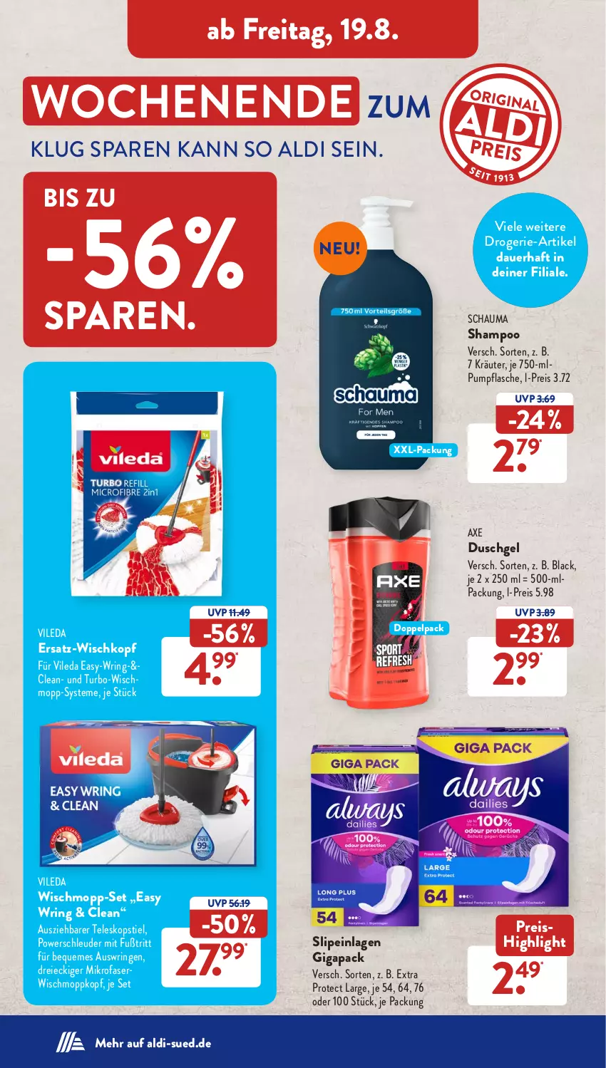 Aktueller Prospekt AldiSud - NÄCHSTE WOCHE - von 15.08 bis 20.08.2022 - strona 30 - produkty: aldi, auer, axe, axe duschgel, drogerie-artikel, duschgel, eis, flasche, kräuter, lack, mikrofaser, reis, ring, schauma, schauma shampoo, shampoo, slip, slipeinlagen, Teleskop, teleskopstiel, Ti, vileda, Wischmopp, xxl-packung