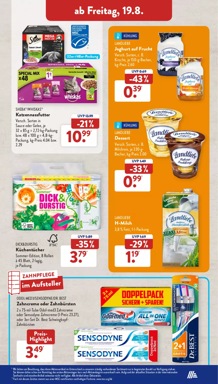 Aktueller Prospekt AldiSud - NÄCHSTE WOCHE - von 15.08 bis 20.08.2022 - strona 31 - produkty: alle artikel ohne dekoration, Becher, bürste, bürsten, creme, dekoration, dessert, Dr. Best, eis, elle, fisch, fische, Fischer, frucht, gelee, gin, joghur, joghurt, kirsch, kirsche, küche, Küchen, küchentücher, landliebe, landliebe joghurt, milch, milchreis, nassfutter, Odol, reis, sauce, Schere, sensodyne, sheba, teller, Ti, tücher, whiskas, zahnbürste, zahnbürsten, zahncreme, ZTE