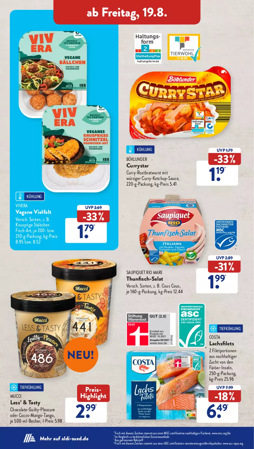 Aktueller Prospekt AldiSud - NÄCHSTE WOCHE - von 15.08 bis 20.08.2022 - strona 34 - produkty: aldi, aqua, Becher, böklunder, bratwurst, cocos, cola, Cous Cous, creme, curry, eis, eiscreme, filet, filets, fisch, fische, Fischer, ketchup, lachs, lachsfilet, lachsfilets, mango, reis, Rio Mare, rostbratwurst, salat, sauce, saupiquet, Schere, thunfisch, Ti, wurst