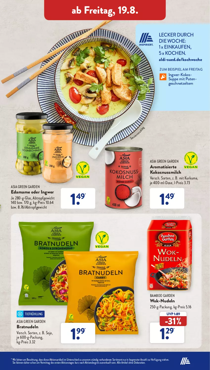 Aktueller Prospekt AldiSud - NÄCHSTE WOCHE - von 15.08 bis 20.08.2022 - strona 37 - produkty: aldi, alle artikel ohne dekoration, Asia Green Garden, bamboo, dekoration, eis, gin, ingwer, kokos, kokosnuss, Kokosnussmilch, mam, milch, nudel, nudeln, nuss, pute, reis, soja, suppe, Ti, wok, Zelt, ZTE