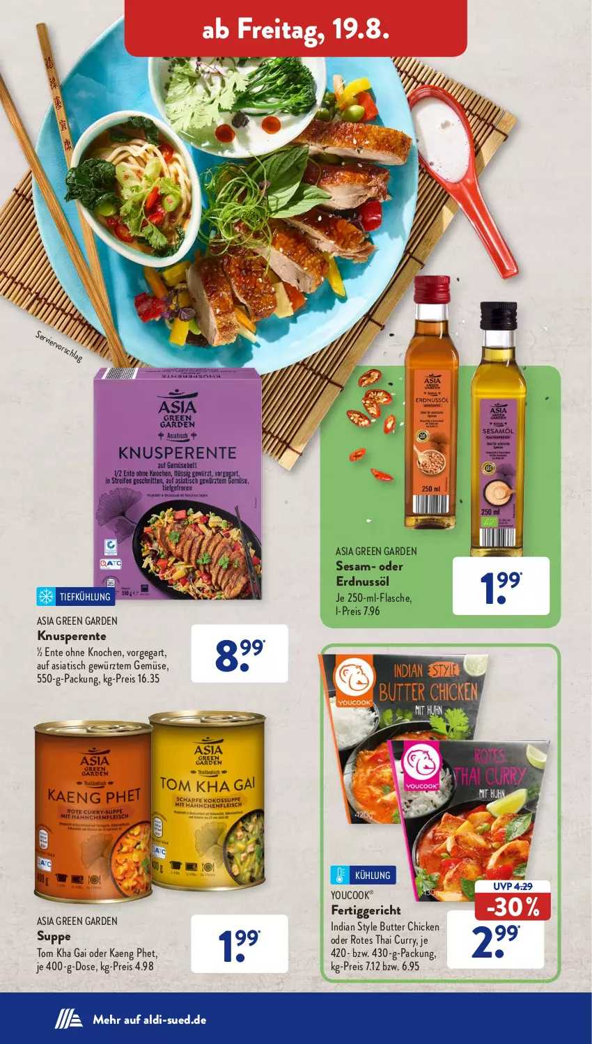 Aktueller Prospekt AldiSud - NÄCHSTE WOCHE - von 15.08 bis 20.08.2022 - strona 38 - produkty: aldi, Asia Green Garden, butter, curry, eis, ente, erdnuss, fertiggericht, flasche, gewürz, nuss, reis, sesam, suppe, Ti, tisch, Yo, YouCook, ZTE