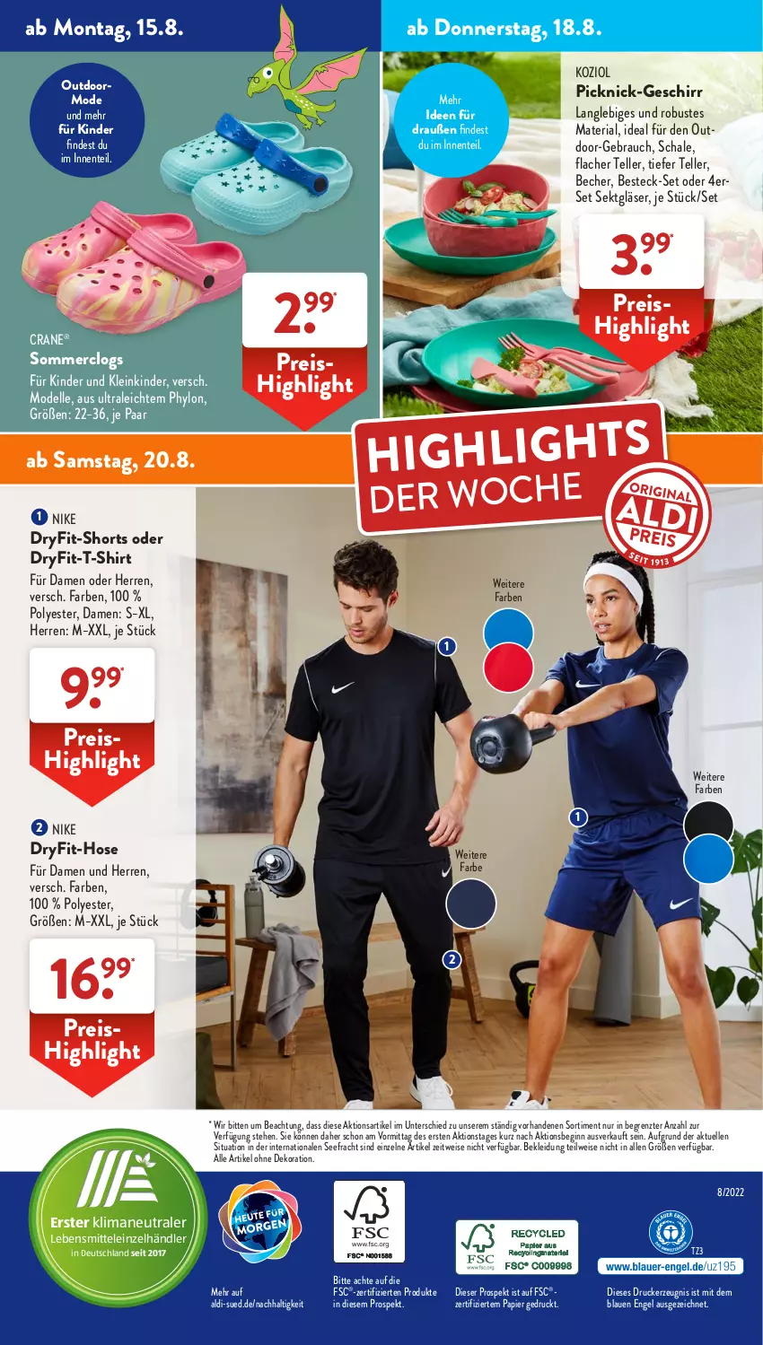 Aktueller Prospekt AldiSud - NÄCHSTE WOCHE - von 15.08 bis 20.08.2022 - strona 43 - produkty: aldi, alle artikel ohne dekoration, Becher, besteck, besteck-set, Clogs, dekoration, dell, drucker, eis, elle, Engel, ente, geschirr, gin, Gläser, hose, Hylo, kerze, Kinder, kleid, Kleidung, lebensmittel, Mode, Nike, papier, Rauch, reis, Ria, Schal, Schale, sekt, shirt, shorts, T-Shirt, teller, Ti, ZTE