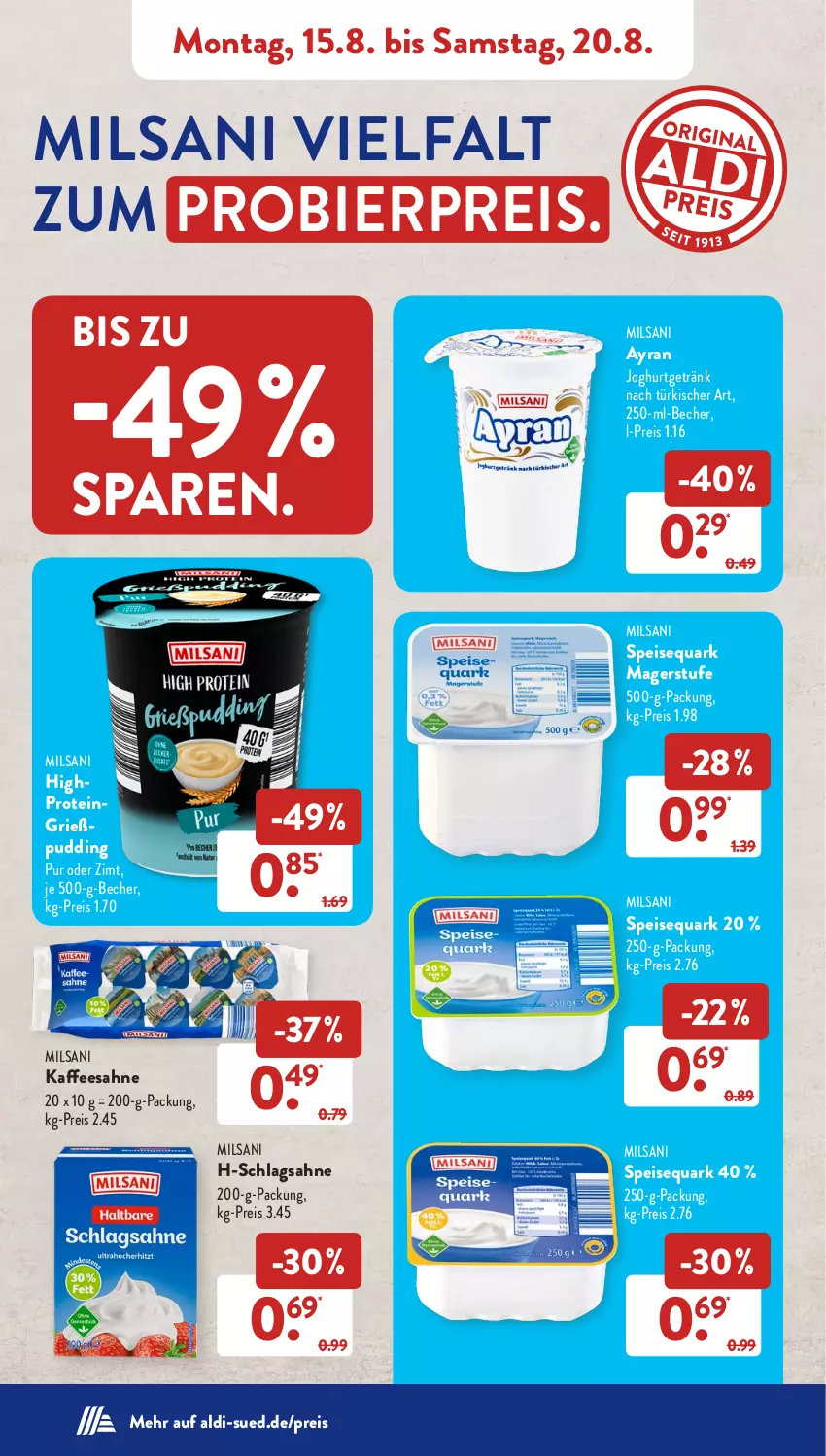 Aktueller Prospekt AldiSud - NÄCHSTE WOCHE - von 15.08 bis 20.08.2022 - strona 6 - produkty: aldi, Ayran, Becher, bier, eis, getränk, Grießpudding, HP, joghur, joghurt, kaffee, pudding, quark, reis, sahne, schlagsahne, speisequark