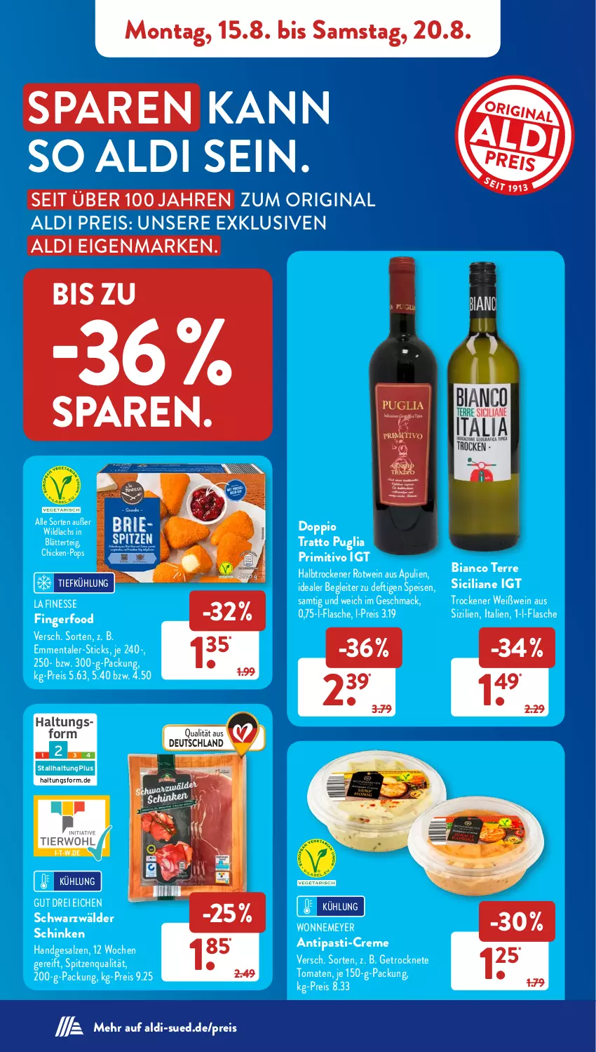 Aktueller Prospekt AldiSud - NÄCHSTE WOCHE - von 15.08 bis 20.08.2022 - strona 8 - produkty: aldi, antipasti, asti, blätterteig, creme, eis, emmentaler, finesse, flasche, Getrocknete Tomaten, gin, lachs, mac, primitivo, reis, rotwein, salz, schinken, schwarzwälder schinken, spitzenqualität, Ti, tomate, tomaten, wein, Weißwein, Wild, wildlachs