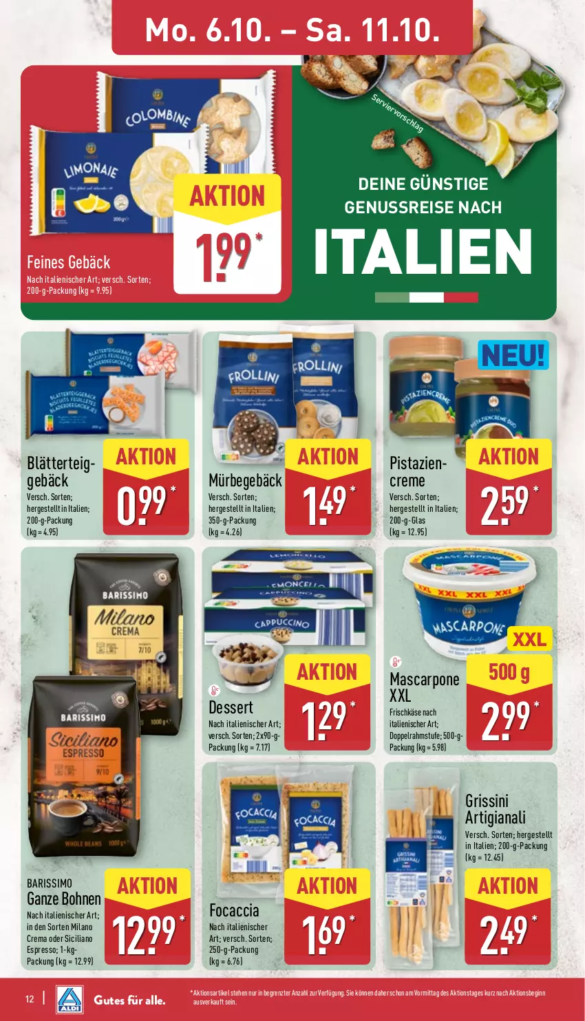 Aktueller Prospekt Aldi Nord - Von Montag - von 06.10 bis 11.10.2025 - strona 12 - produkty: ACC, blätterteig, blätterteiggebäck, bohne, bohnen, creme, dessert, eis, espresso, Focaccia, frischkäse, gin, grissini, Käse, mascarpone, nuss, pistazien, reis, sim, Ti, ZTE