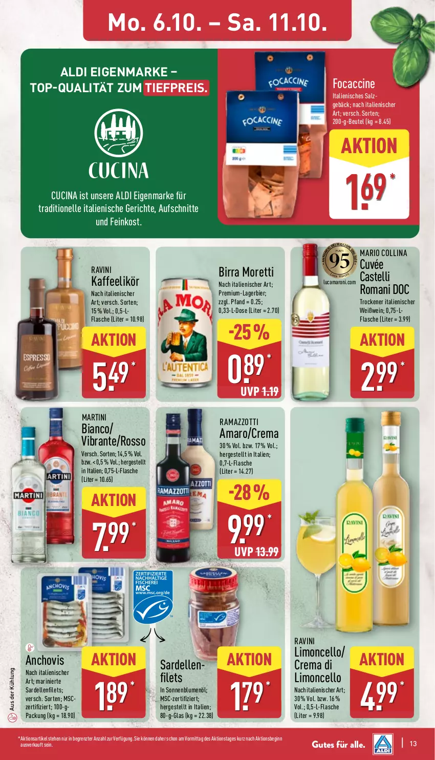Aktueller Prospekt Aldi Nord - Von Montag - von 06.10 bis 11.10.2025 - strona 13 - produkty: ACC, aldi, amaro, aufschnitt, beutel, bier, blume, blumen, blumenöl, chovi, cin, cuvée, dell, eis, elle, feinkost, filet, filets, flasche, gin, kaffee, Lagerbier, likör, limo, martini, Moretti, rama, ramazzott, ramazzotti, reis, salz, Sardellen, sonnenblume, sonnenblumen, sonnenblumenöl, Ti, tiefpreis, wein, zott, ZTE
