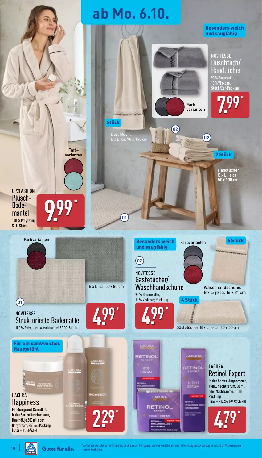Aktueller Prospekt Aldi Nord - Von Montag - von 06.10 bis 11.10.2025 - strona 18 - produkty: Bad, Bademantel, badematte, Bau, baumwolle, body, creme, duschtuch, Gästetücher, gin, handschuhe, handtücher, Holz, Mantel, nachtcreme, orange, Plüsch, Ria, rum, schuhe, Serum, Ti, tuc, tücher, up2fashion, waschhandschuh, wolle, ZTE