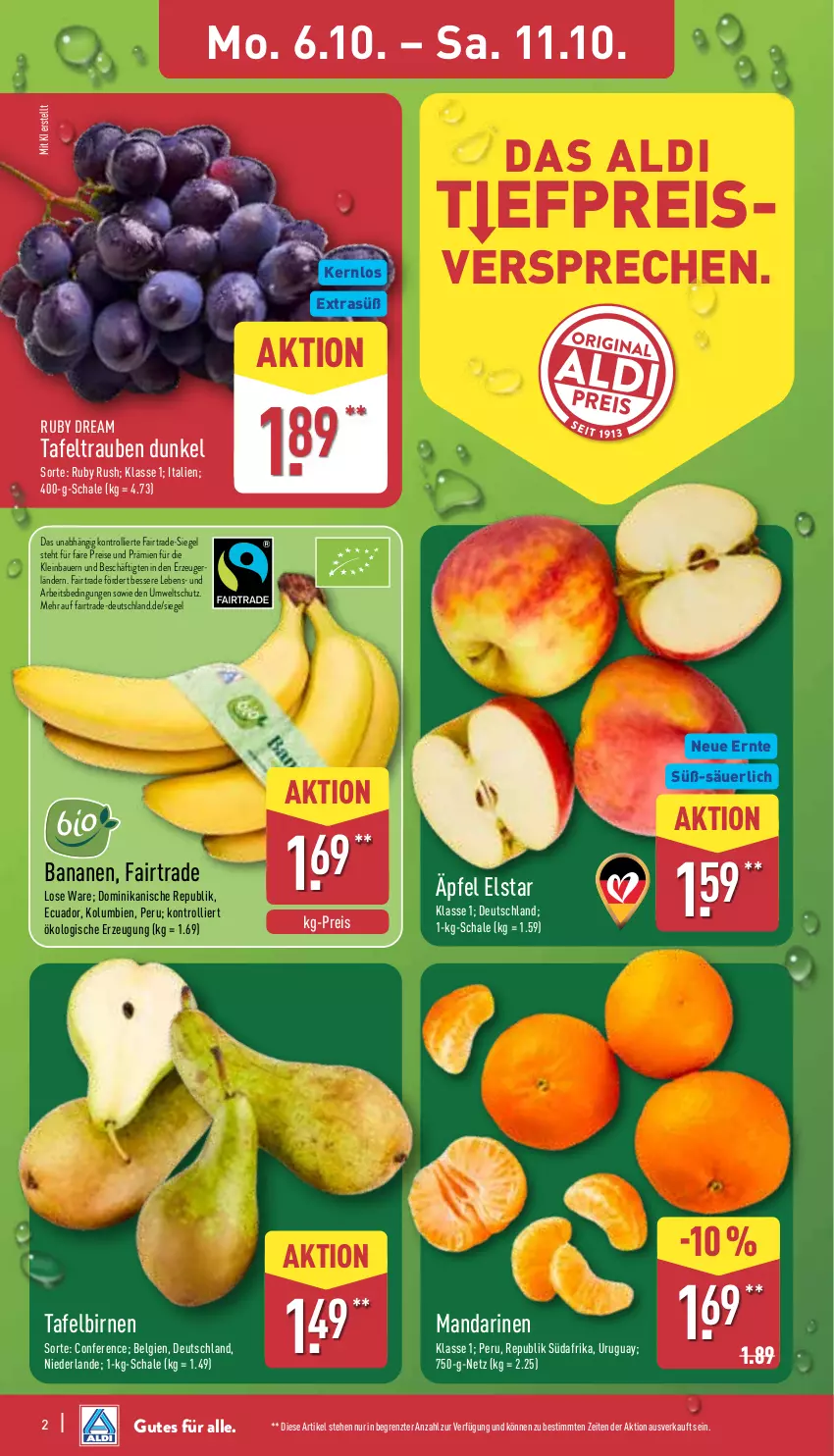 Aktueller Prospekt Aldi Nord - Von Montag - von 06.10 bis 11.10.2025 - strona 2 - produkty: aldi, auer, banane, bananen, Bau, Bauer, Birnen, eis, LG, mandarine, mandarinen, reis, Schal, Schale, tafelbirnen, tafeltrauben, Ti, trauben, trolli, ZTE