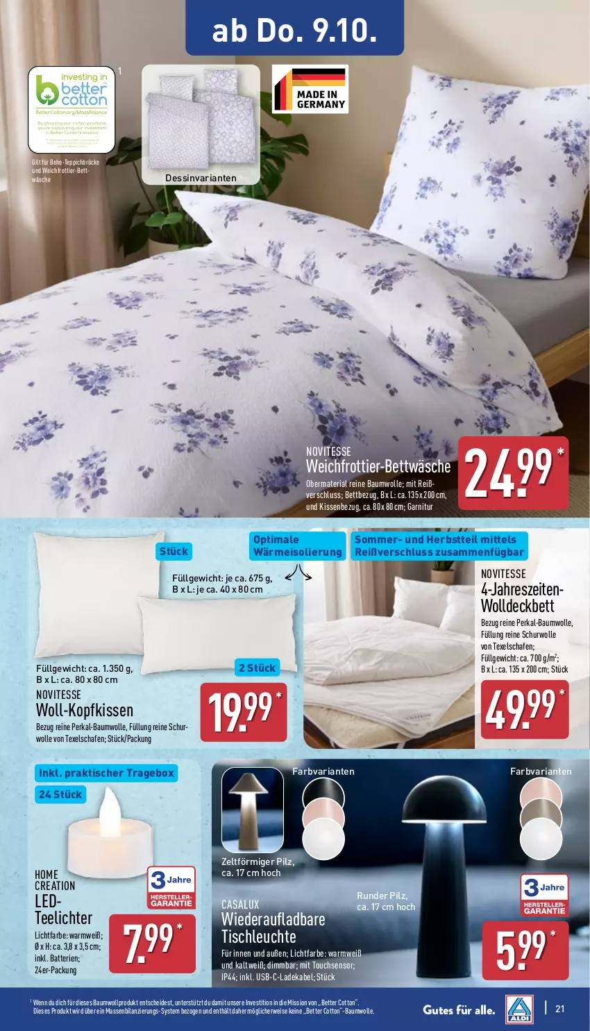 Aktueller Prospekt Aldi Nord - Von Montag - von 06.10 bis 11.10.2025 - strona 21 - produkty: batterie, batterien, Bau, baumwolle, bett, bettwäsche, deka, eis, garnitur, kissen, Kissenbezug, kopfkissen, Leuchte, LG, Ria, rwe, tee, Teelicht, teelichte, teppich, Ti, tisch, tischleuchte, usb, wolle, Zelt
