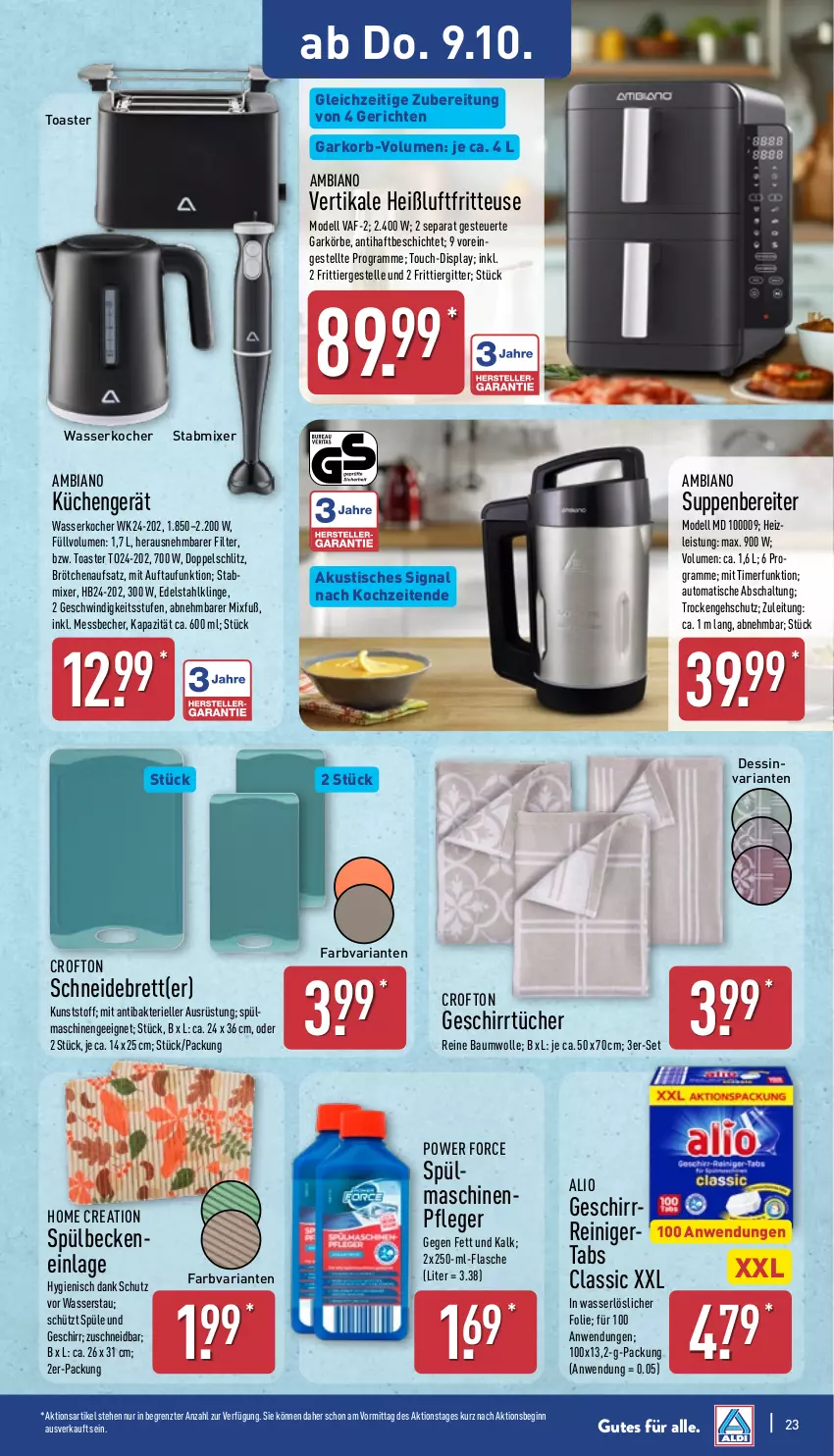 Aktueller Prospekt Aldi Nord - Von Montag - von 06.10 bis 11.10.2025 - strona 23 - produkty: ambia, auto, Bau, baumwolle, Becher, brötchen, brötchenaufsatz, Crofton, dell, edelstahl, eis, elle, flasche, fritteuse, geschirr, geschirrtücher, gin, Heißluftfritteuse, K2, Kocher, korb, küche, Küchen, Messbecher, Mixer, Mode, reine baumwolle, reiniger, Ria, Schal, schneidebrett, Signal, stabmixer, suppe, suppen, Ti, timer, tisch, toast, toaster, tücher, wasser, wasserkocher, wolle, ZTE