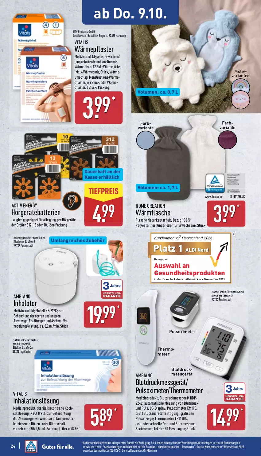 Aktueller Prospekt Aldi Nord - Von Montag - von 06.10 bis 11.10.2025 - strona 24 - produkty: aldi, ambia, auer, auto, batterie, batterien, Blutdruckmessgerät, dell, discount, dittmann, eis, elle, fisch, fische, flasche, Gesundheit, gin, Kinder, kompressor, lebensmittel, medizinprodukt, Mode, monitor, natur, pflaster, reis, Ria, rwe, salz, Schal, thermometer, Ti, tiefpreis, tisch, vita, vitalis, ZTE