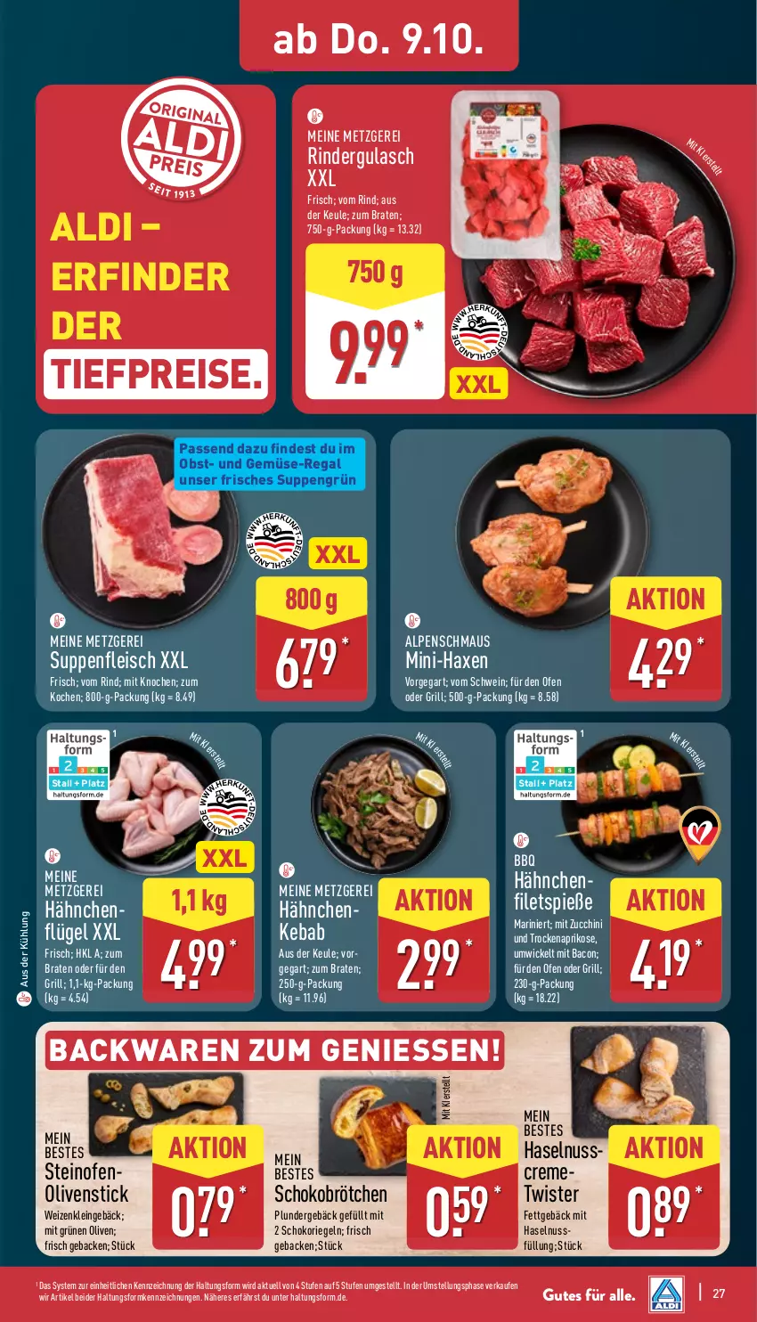 Aktueller Prospekt Aldi Nord - Von Montag - von 06.10 bis 11.10.2025 - strona 27 - produkty: aldi, aprikose, axe, backwaren, bacon, bio, braten, brötchen, creme, eis, filet, filets, fleisch, geback, grill, gulasch, hähnchenflügel, haselnuss, Haxe, Maus, nuss, obst, Ofen, olive, oliven, Plunder, regal, reis, riegel, rind, rinder, rindergulasch, schoko, schwein, steinofen, suppe, suppen, suppenfleisch, Ti, tiefpreis, und gemüse, wein, WICK, zucchini