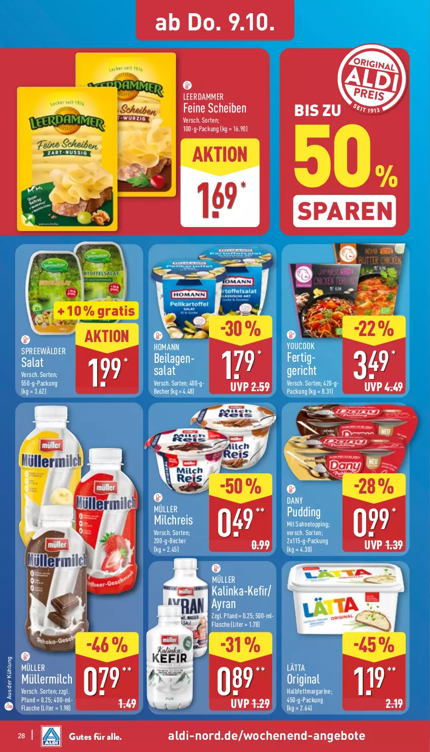 Aktueller Prospekt Aldi Nord - Von Montag - von 06.10 bis 11.10.2025 - strona 28 - produkty: aldi, angebot, angebote, Ayran, Becher, Dany, eis, flasche, gin, halbfettmargarine, homann, ilag, Kefir, lätta, leerdammer, margarine, milch, milchreis, Müller, müllermilch, pudding, reis, sahne, salat, spreewälder, Ti, Yo, YouCook